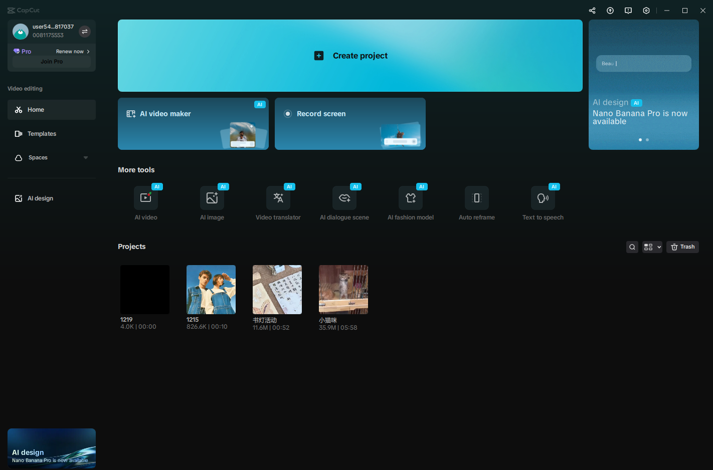 The AI Video Maker feature in the CapCut client
