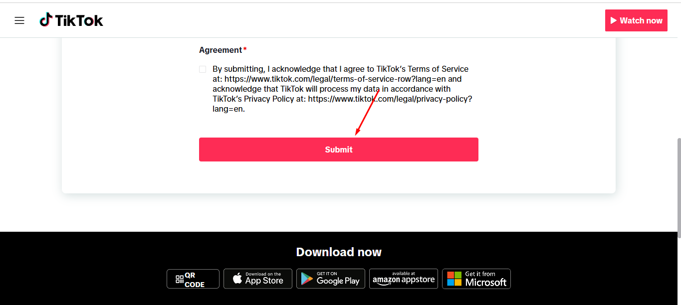 Submitting the TikTok verification form
