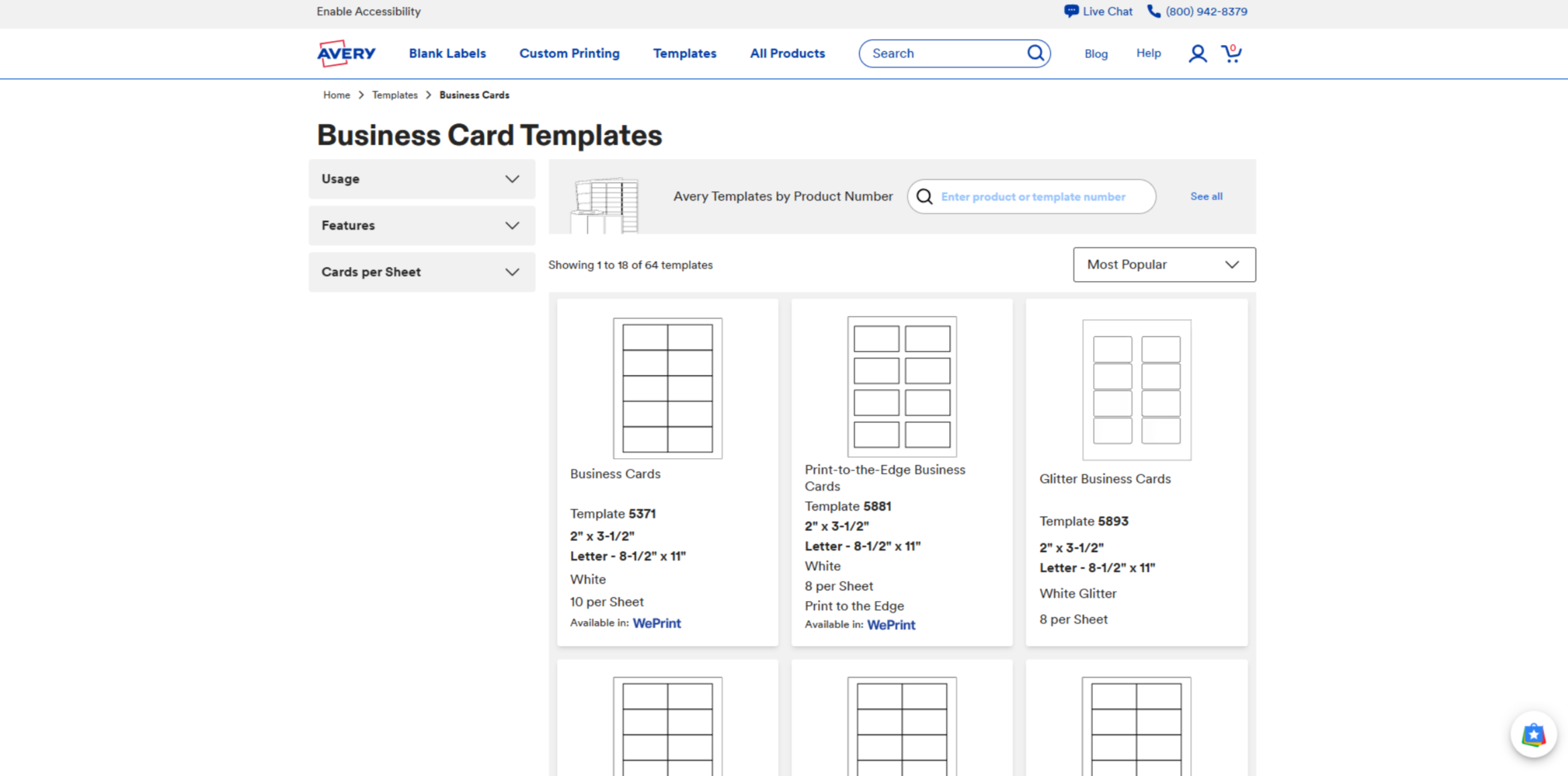 Interface of Avery - the perfect place to find business card templates