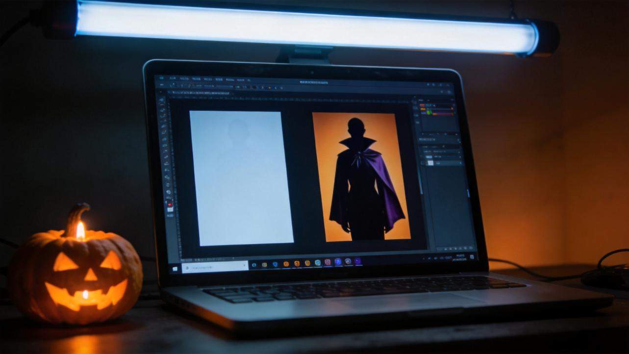 Laptop with Halloween-themed video editing beside a glowing jack-o'-lantern