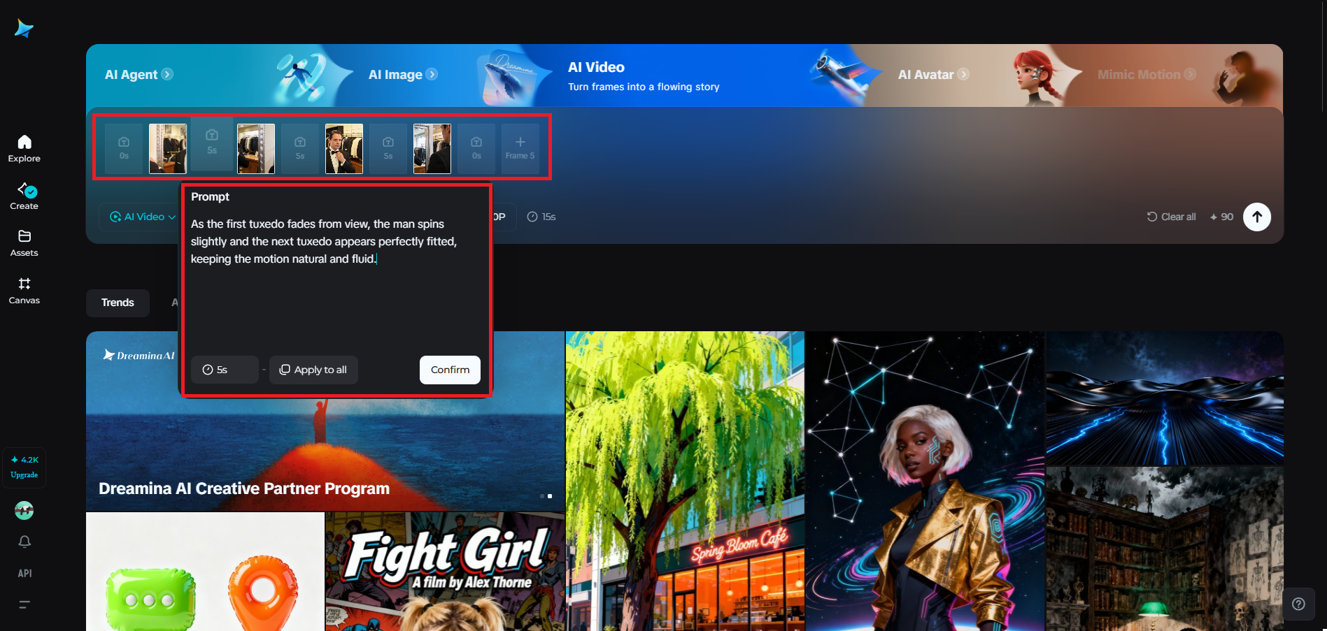 Multiframe feature in Dreamina