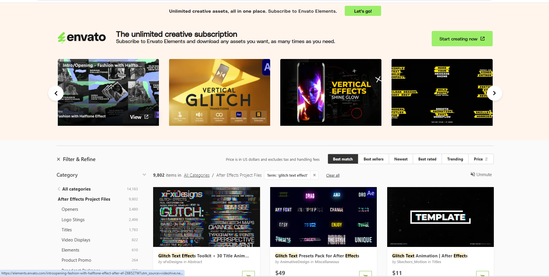 Interfejs Videohive - idealne źródło darmowych efektów usterki tekstu After Effects