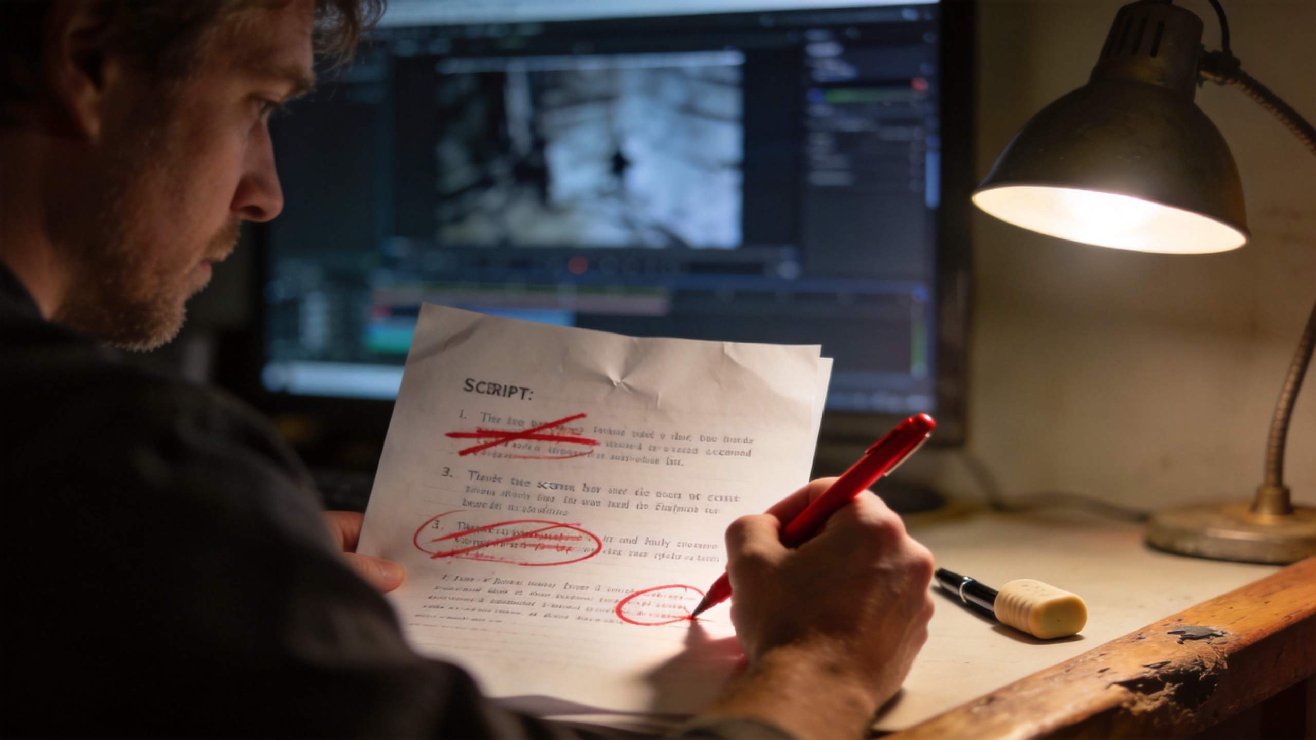 Person marking up a printed script with a red pen at a desk under a lamp