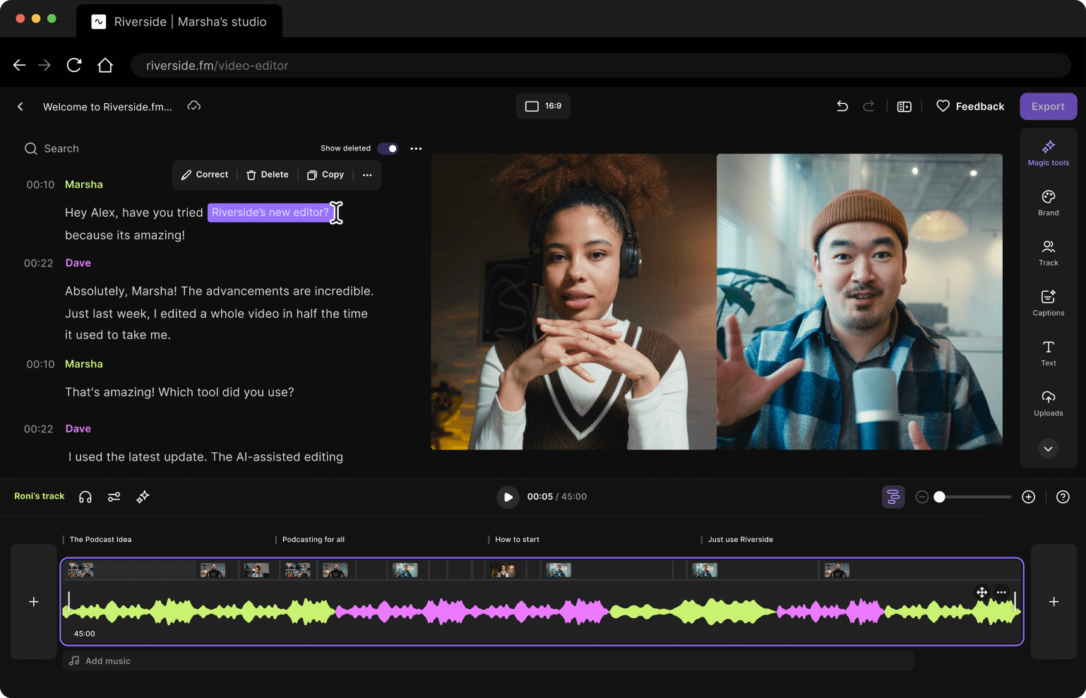 Riverside.fm interface