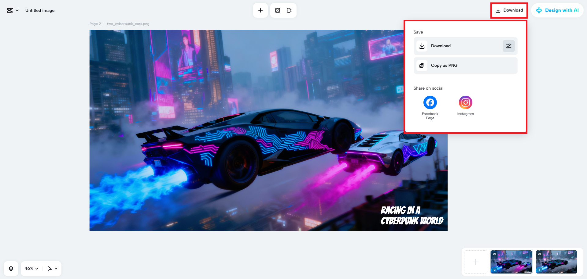 Export or share design instantly