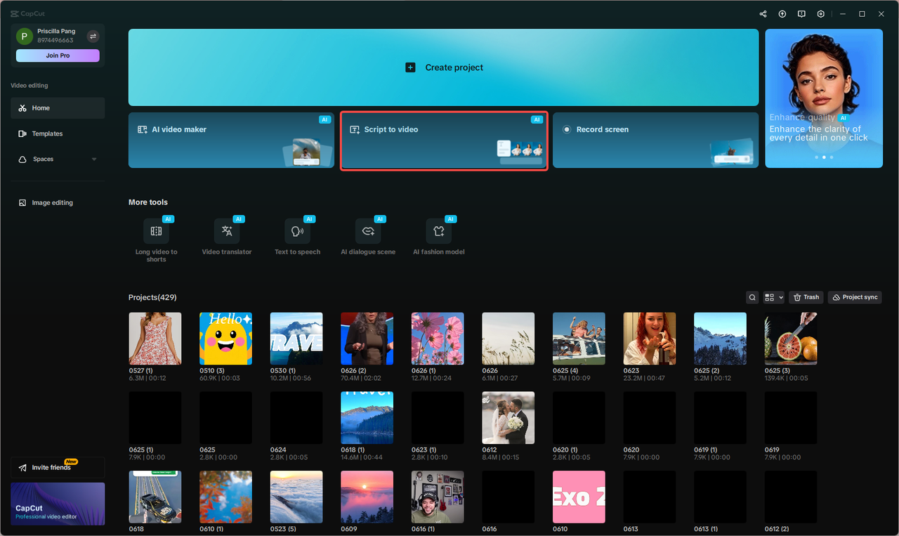 Auf die Option „Script zu Video“ in CapCut klicken