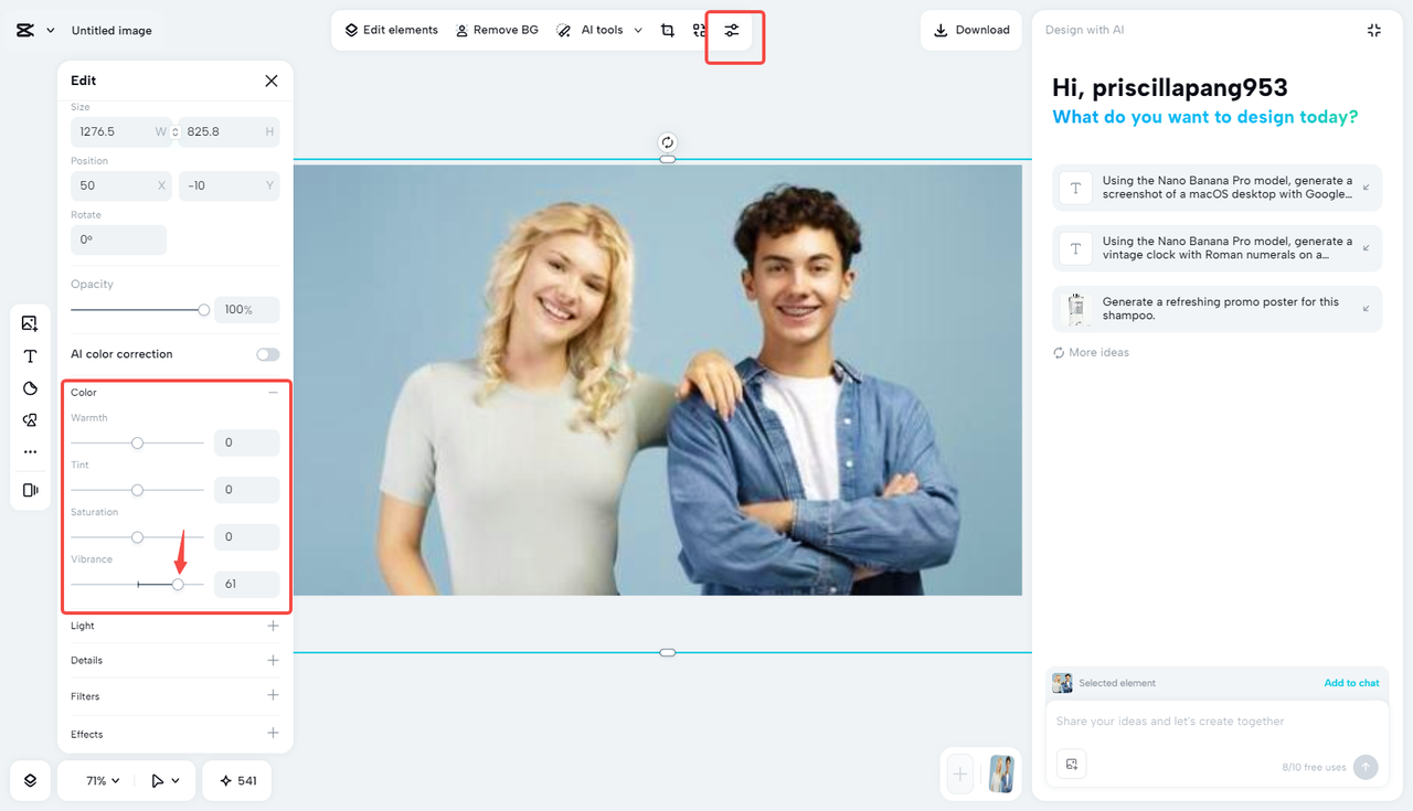 Increase photo vibrance carefully 