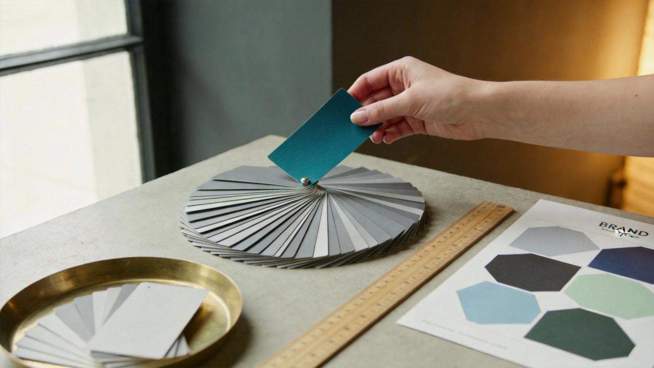 Hand holding a teal color swatch above gray fan deck on a desk with brand color samples