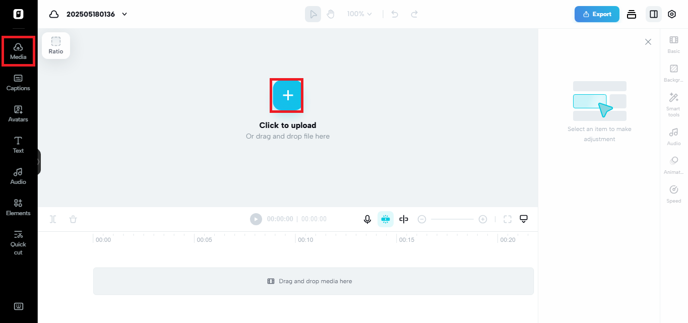 Video upload options in Pippit's video editor