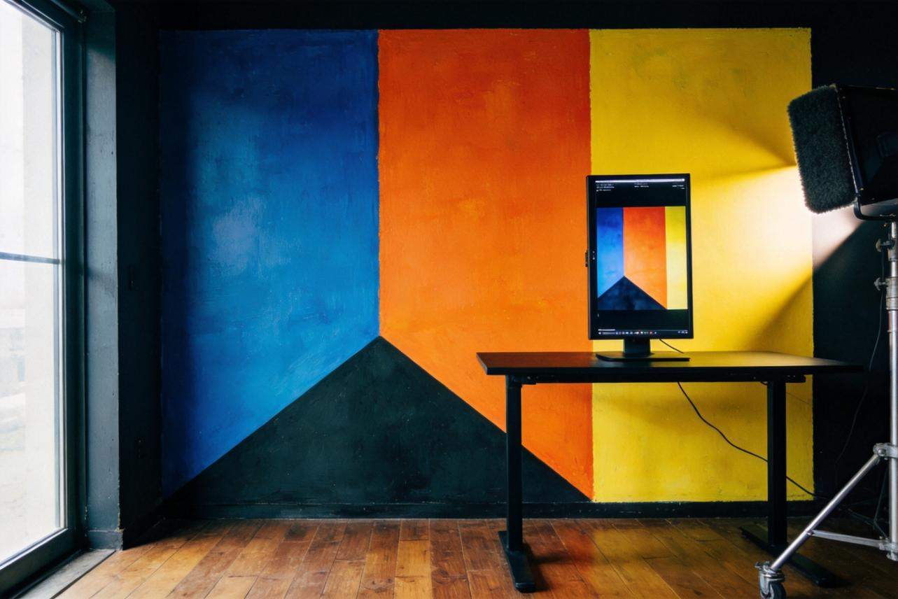 Color-blocked studio wall in blue, orange, and yellow behind a monitor on a black table