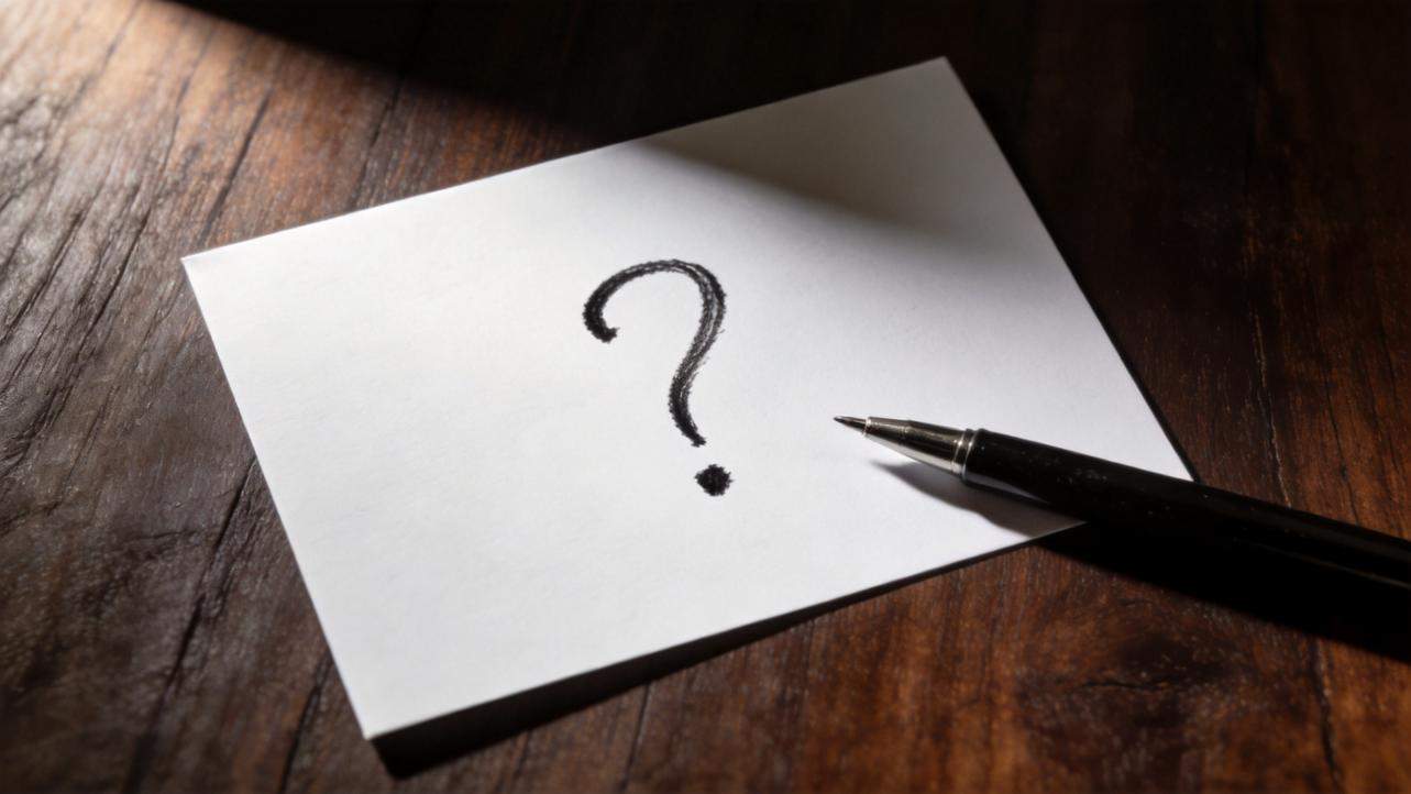 Question mark on a blank card beside a pen on a wooden table