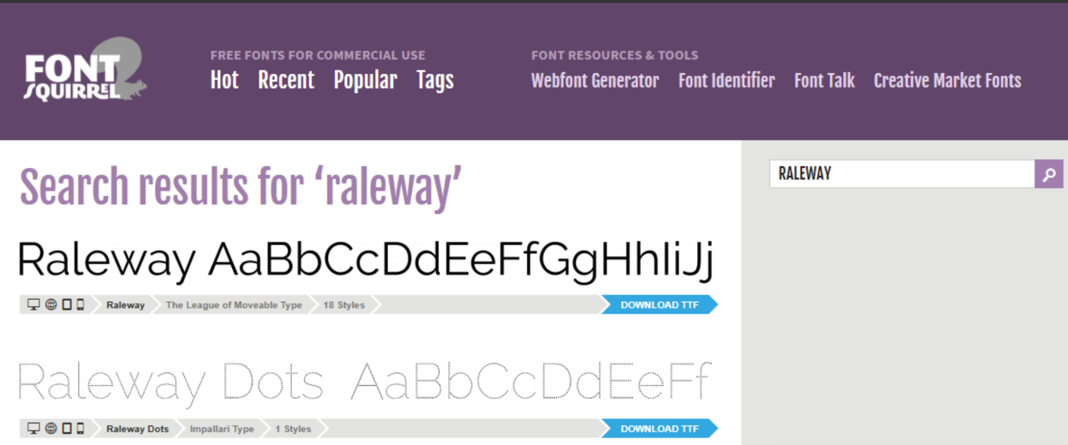 Interface of Font Squirrel - a well-known platform to get the free Raleway font