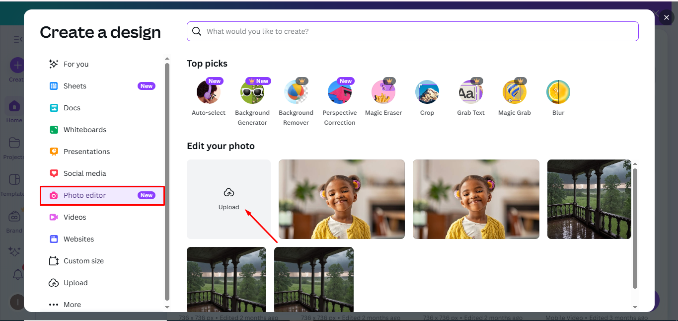 Uploading an image in the Canva photo editor