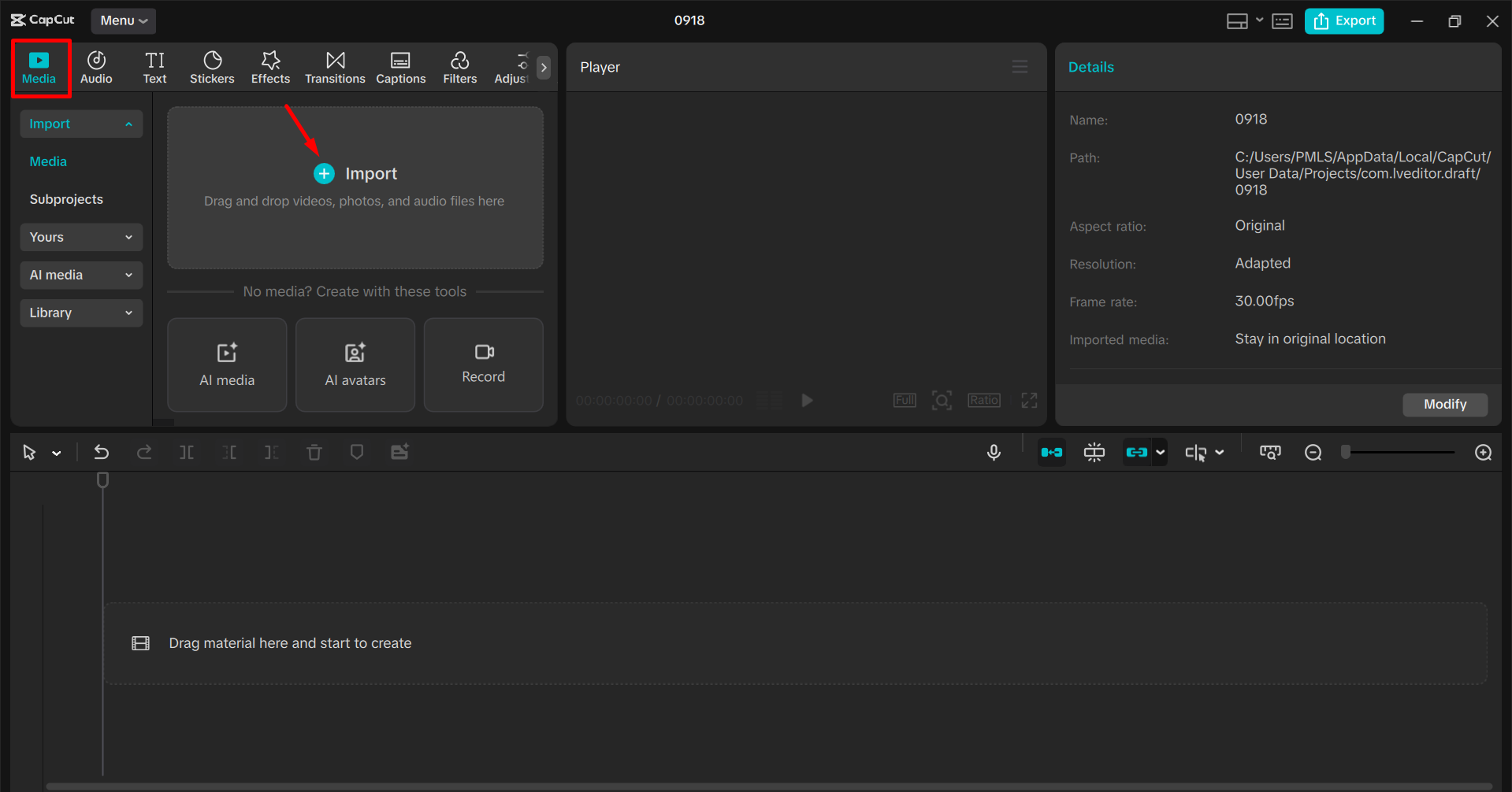 Importing video in the CapCut desktop video editor