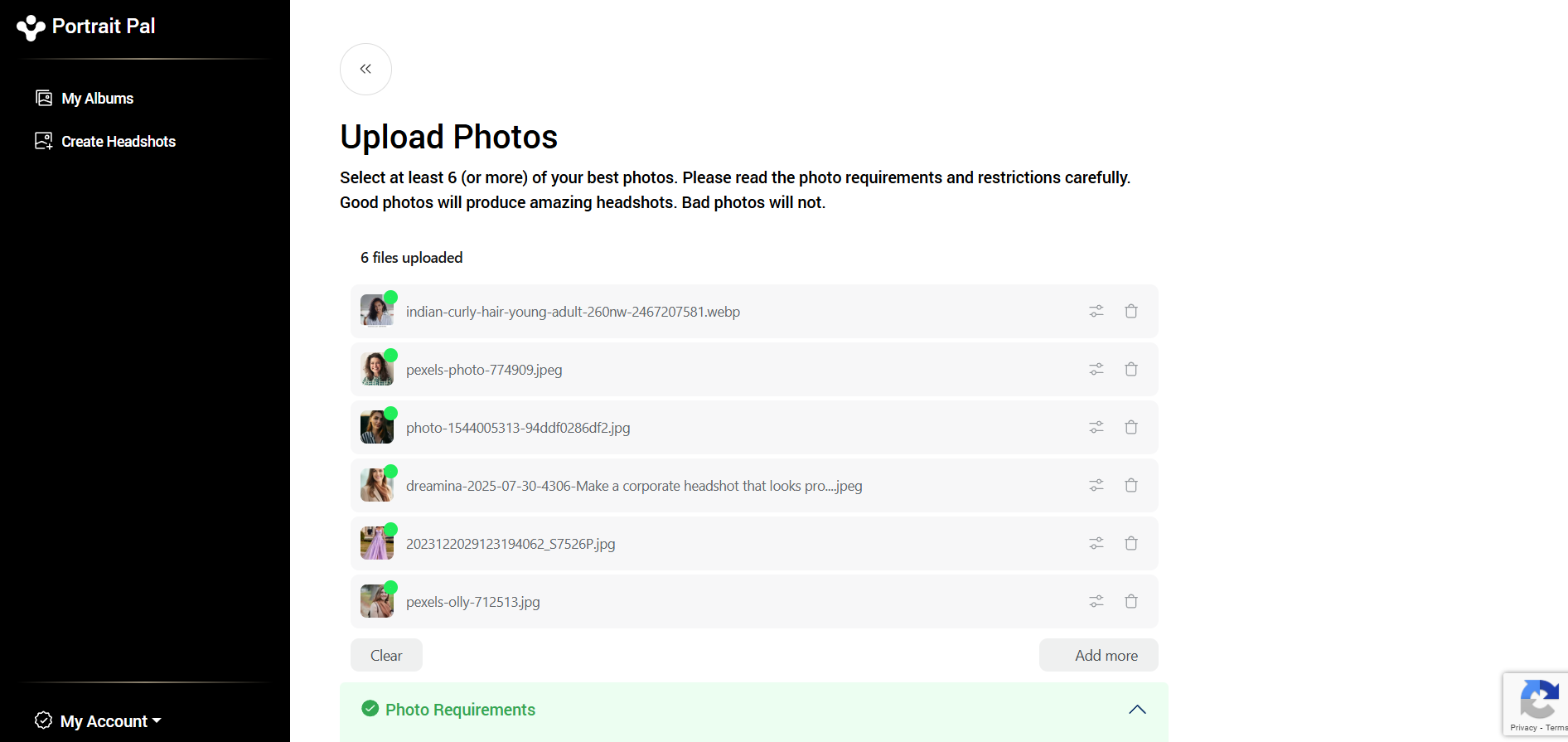 PortraitPal AI headshot generator interface