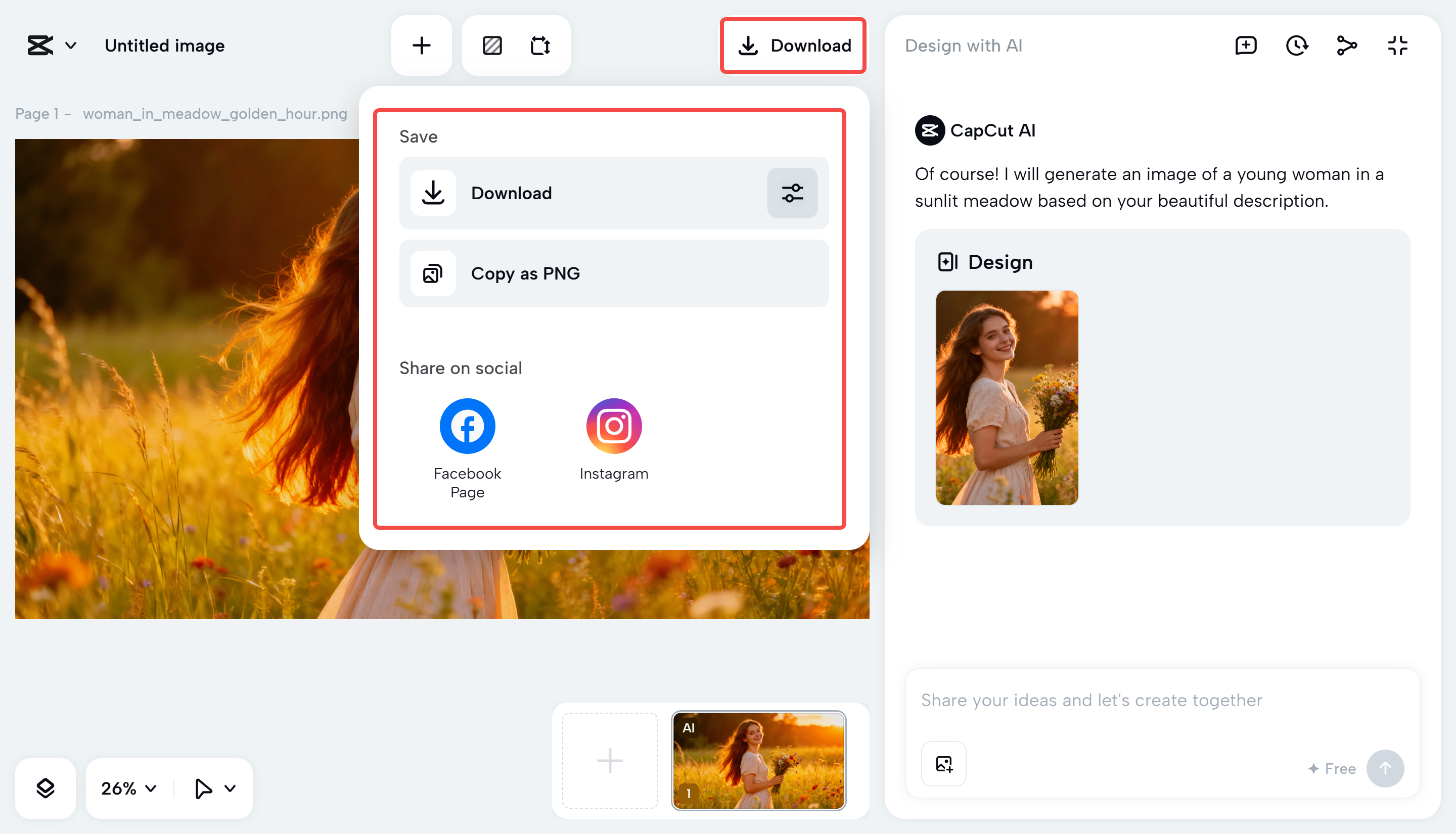 Downloading and sharing the image from the CapCut Web
