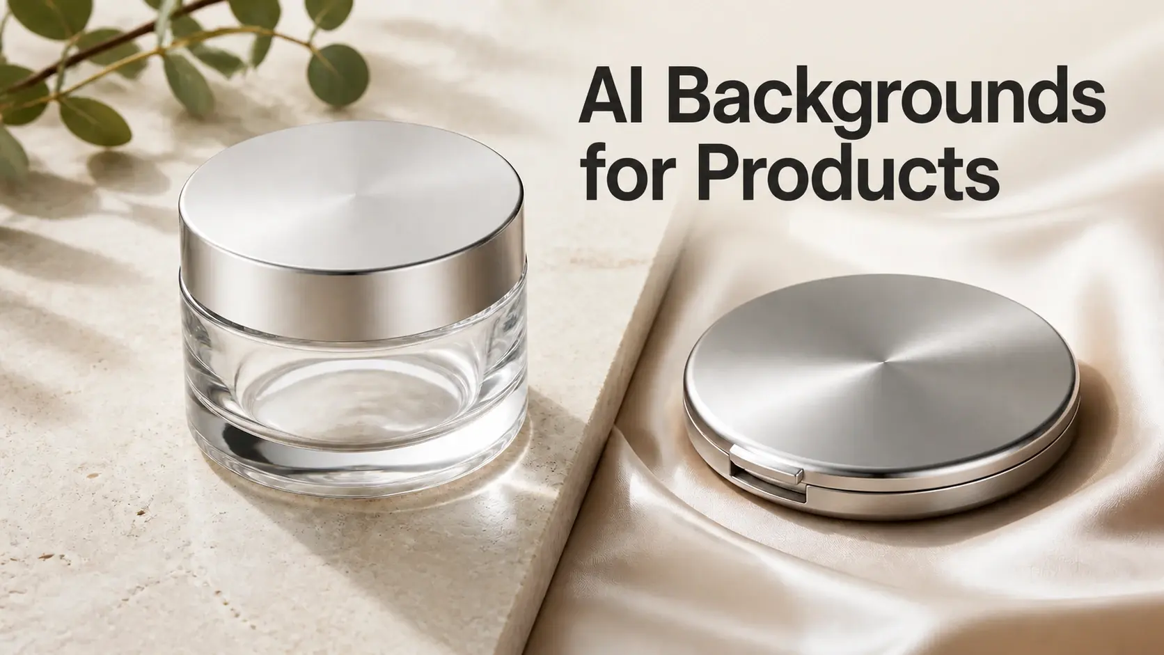 An unbranded glass bottle and metal compact on contrasting surfaces.