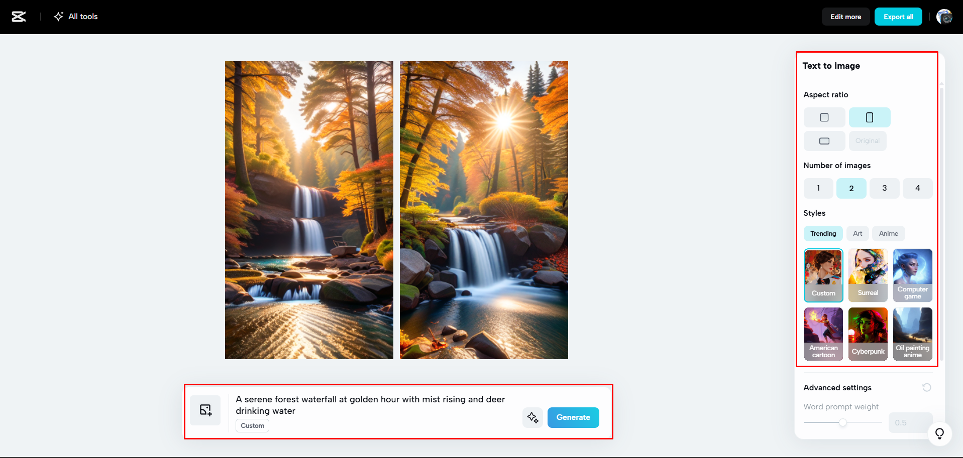 Generieren eines Bildes mit KI in CapCut Web