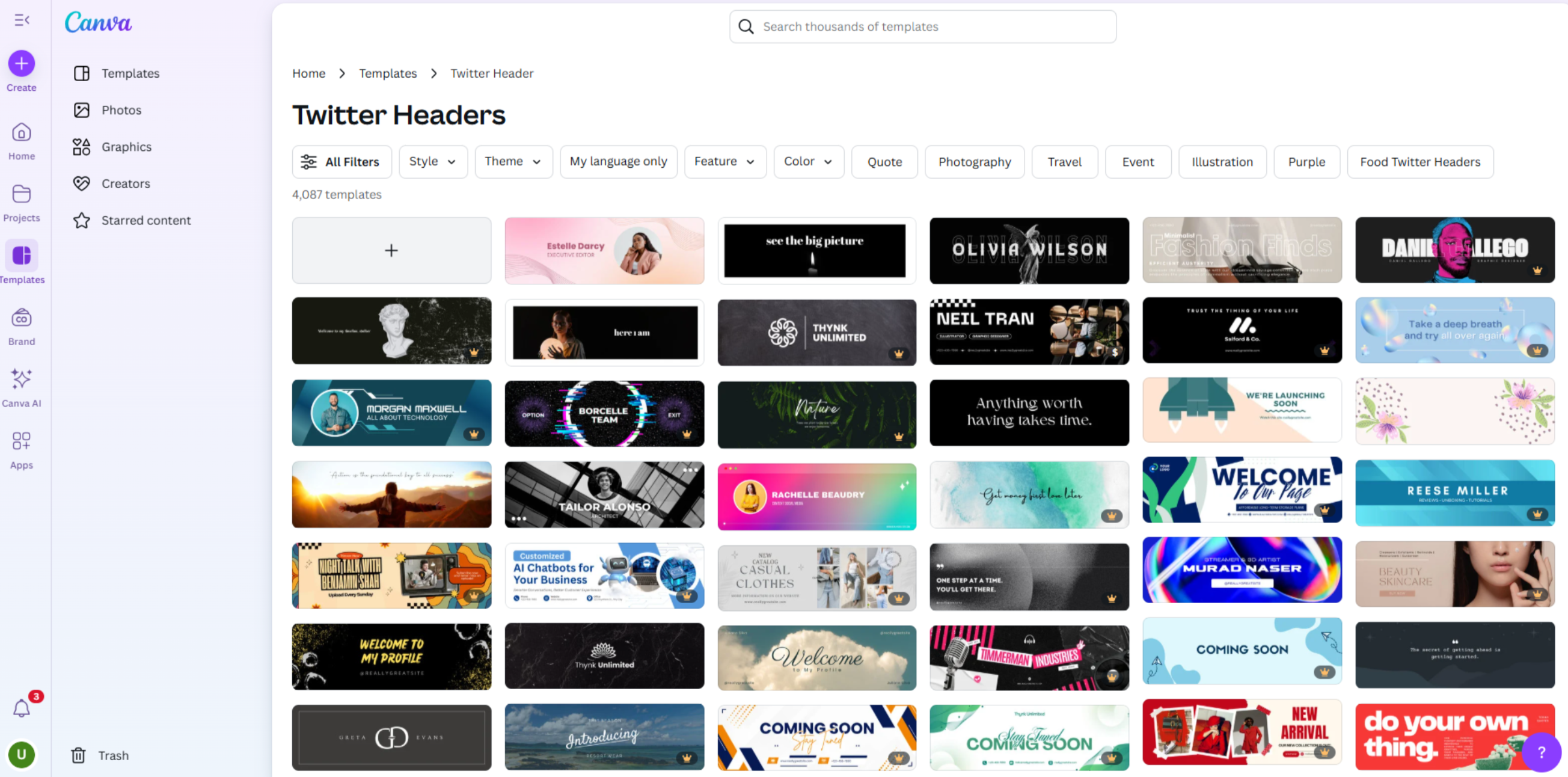 Interface of Canva - the most liked tool to get and edit aesthetic Twitter headers