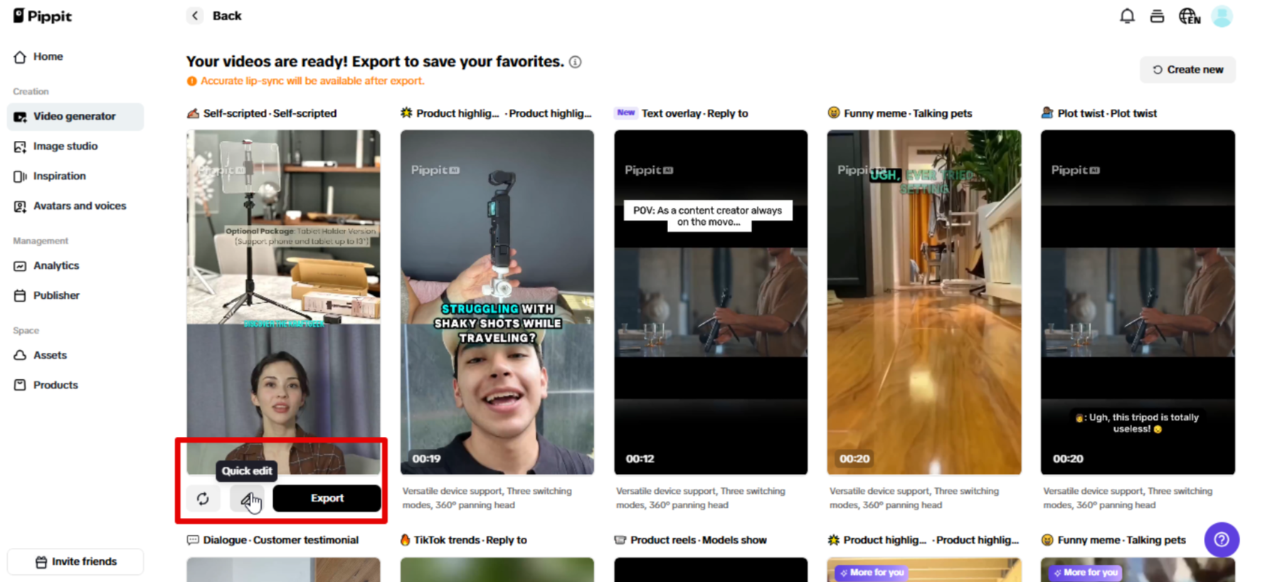 Exporting video from Pippit