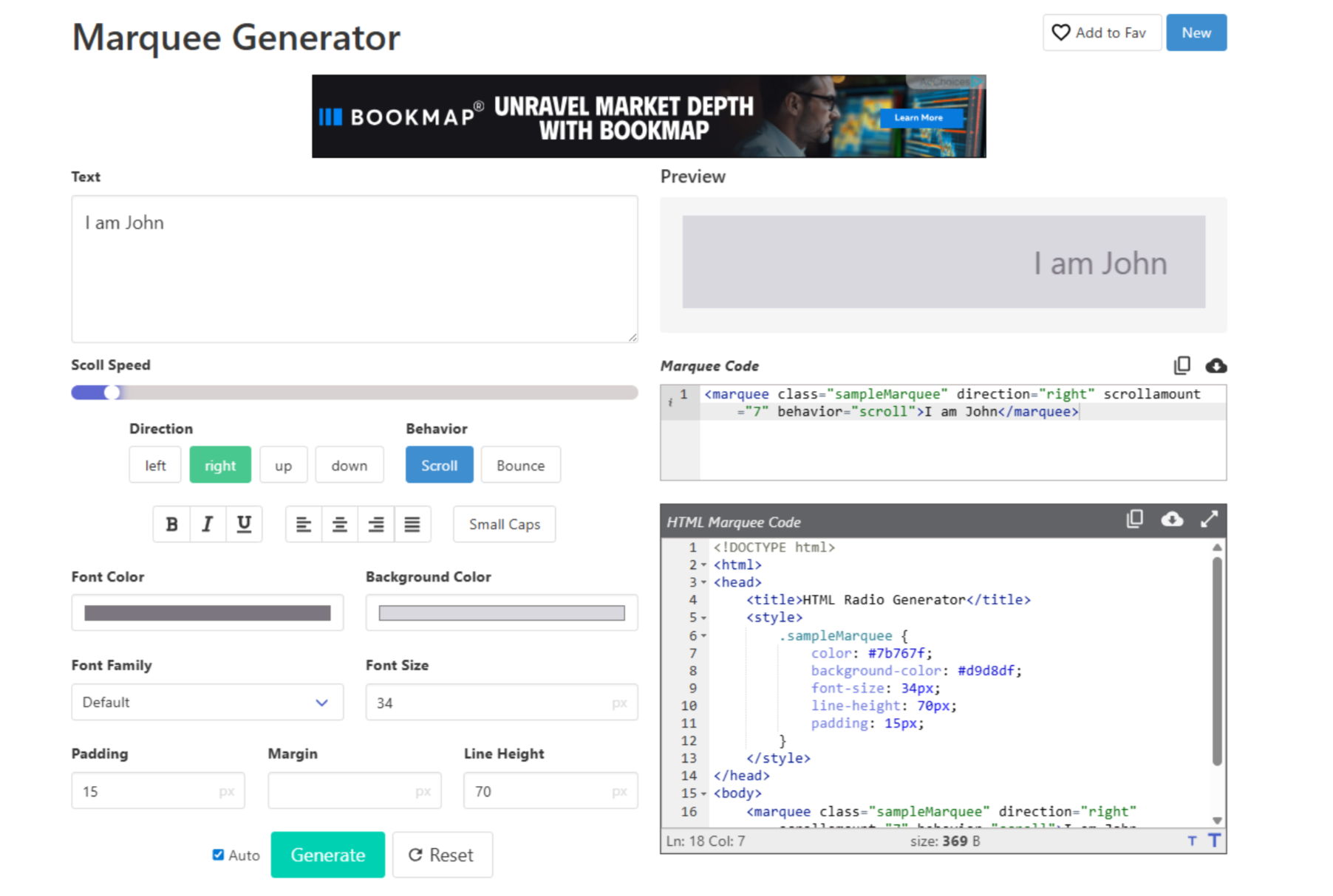 Interface of Code Beautify - an efficient scrolling text maker