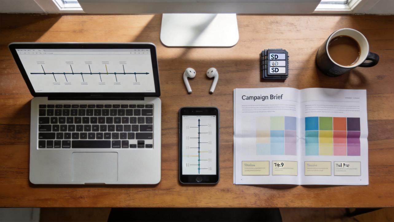 Laptop and smartphone on a desk beside campaign brief pages, SD cards, earbuds, and a coffee mug