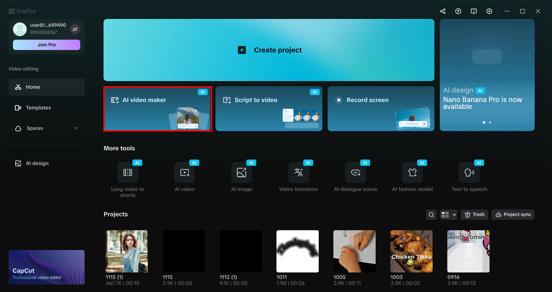 Accessing the auto video editor AI in the CapCut desktop video editor