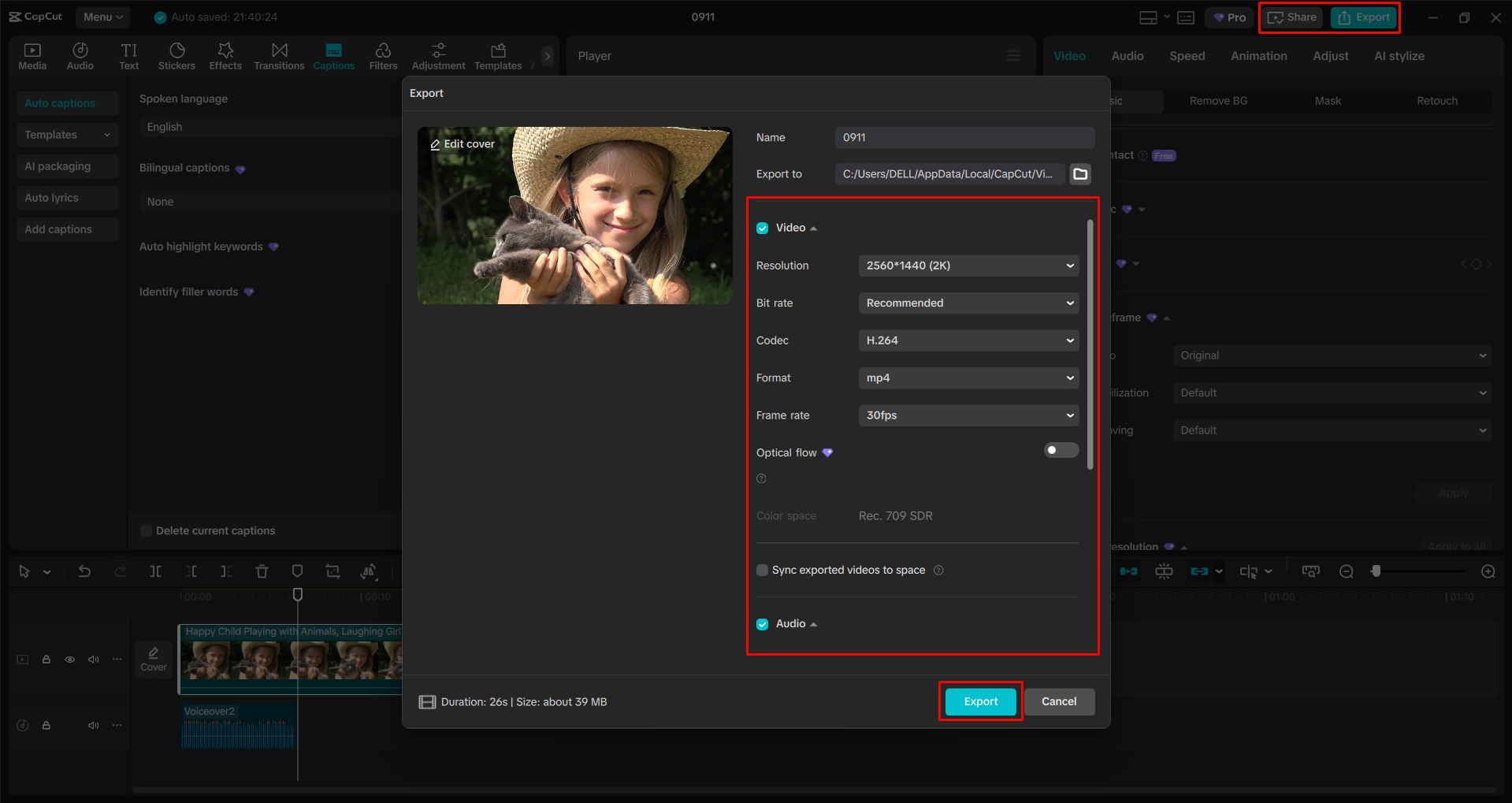 Esportazione di un video dall' CapCut editor video desktop