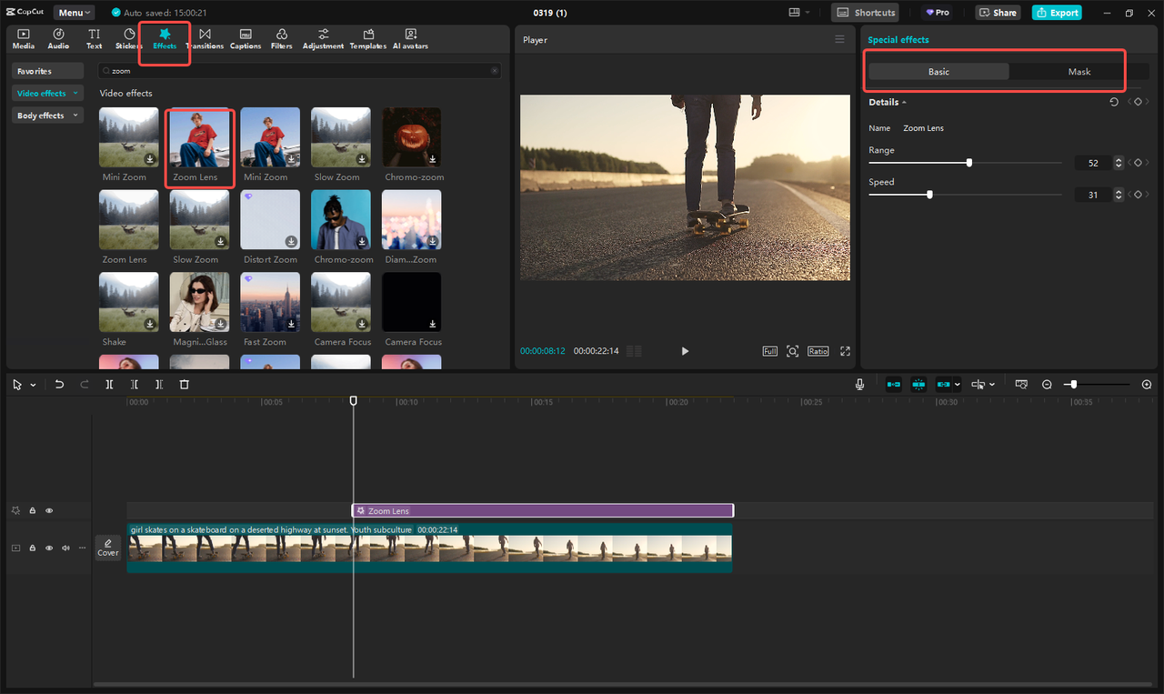 Apply the zoom effect to the video