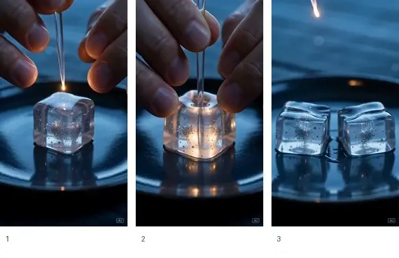 Le mani sollevano un cubo trasparente con pinzette, luminoso su un piatto scuro