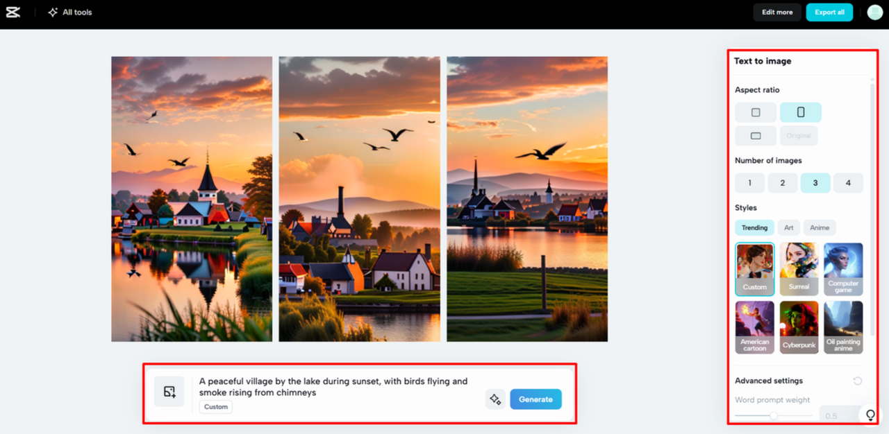 Generating an image with AI in CapCut Web