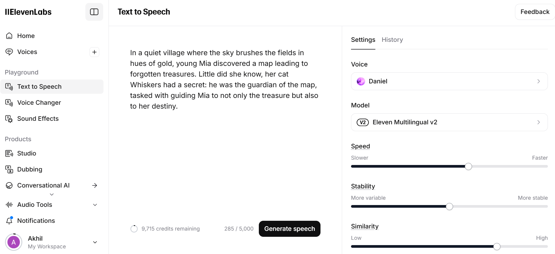 ElevenLabs AI voice generator interface
