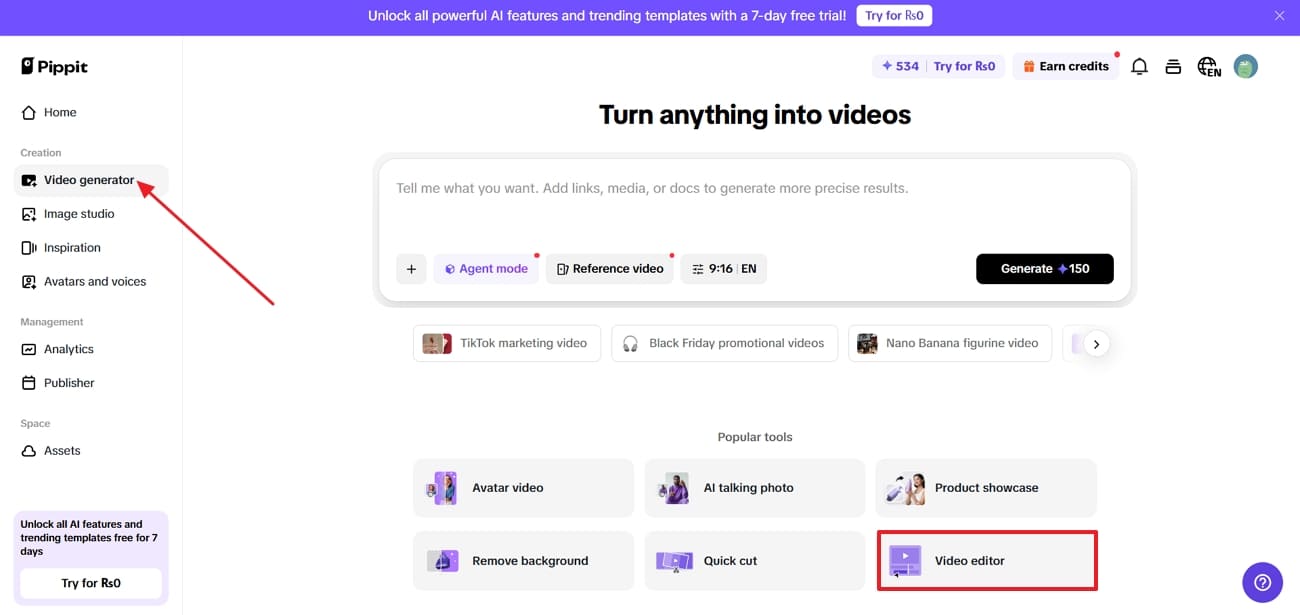 acessar a ferramenta pippit editor de vídeo
