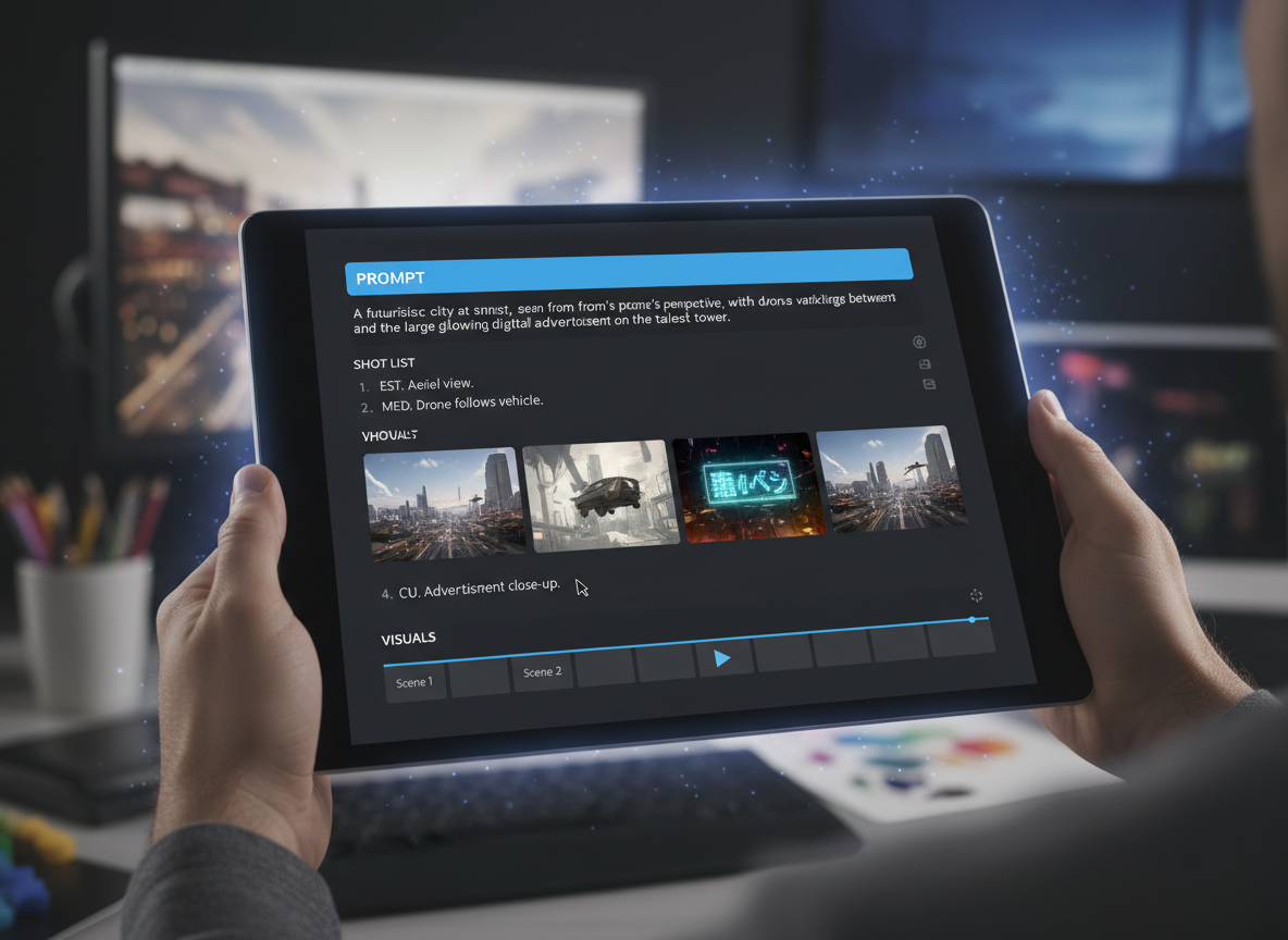 Dark UI mock che mostra la casella di richiesta, la lista degli scatti, lo storyboard delle miniature e la timeline.
