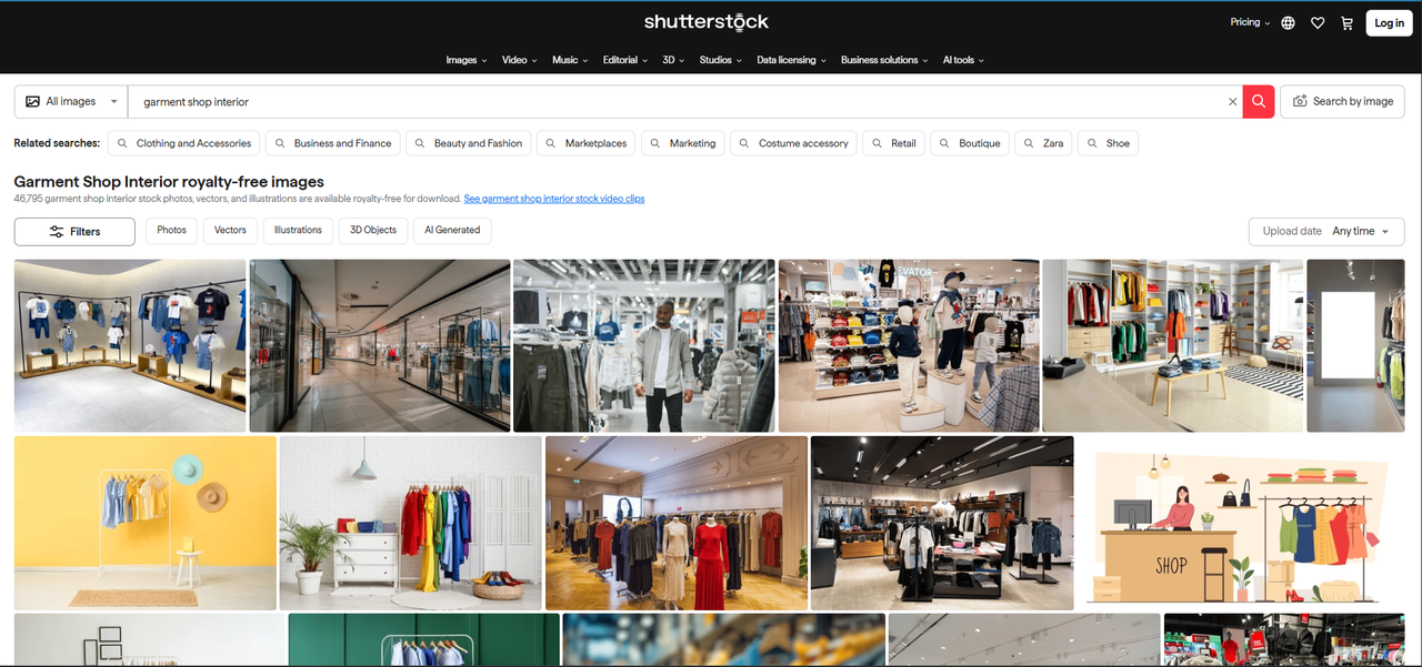 Interface of Shutterstock - a website with garment shop interior design pictures