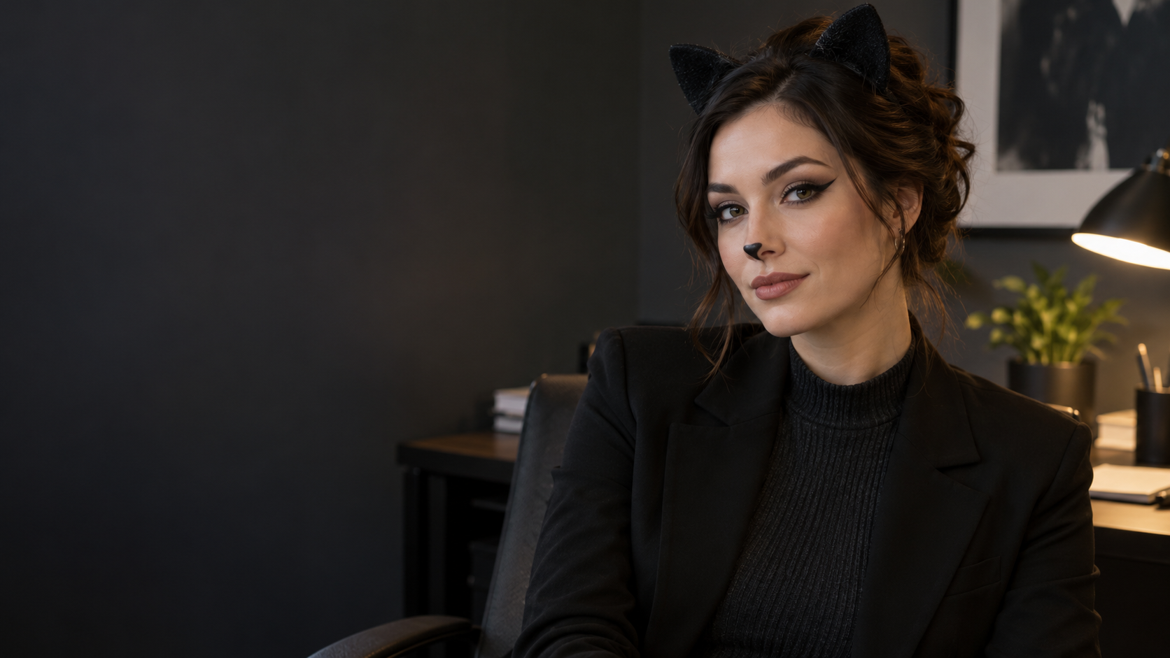 Minimal Feline Flick: A fictional adult professional with an elegant cat-eye liner and nearly invisible nose dot, polished hair, neutral office background, restrained look.