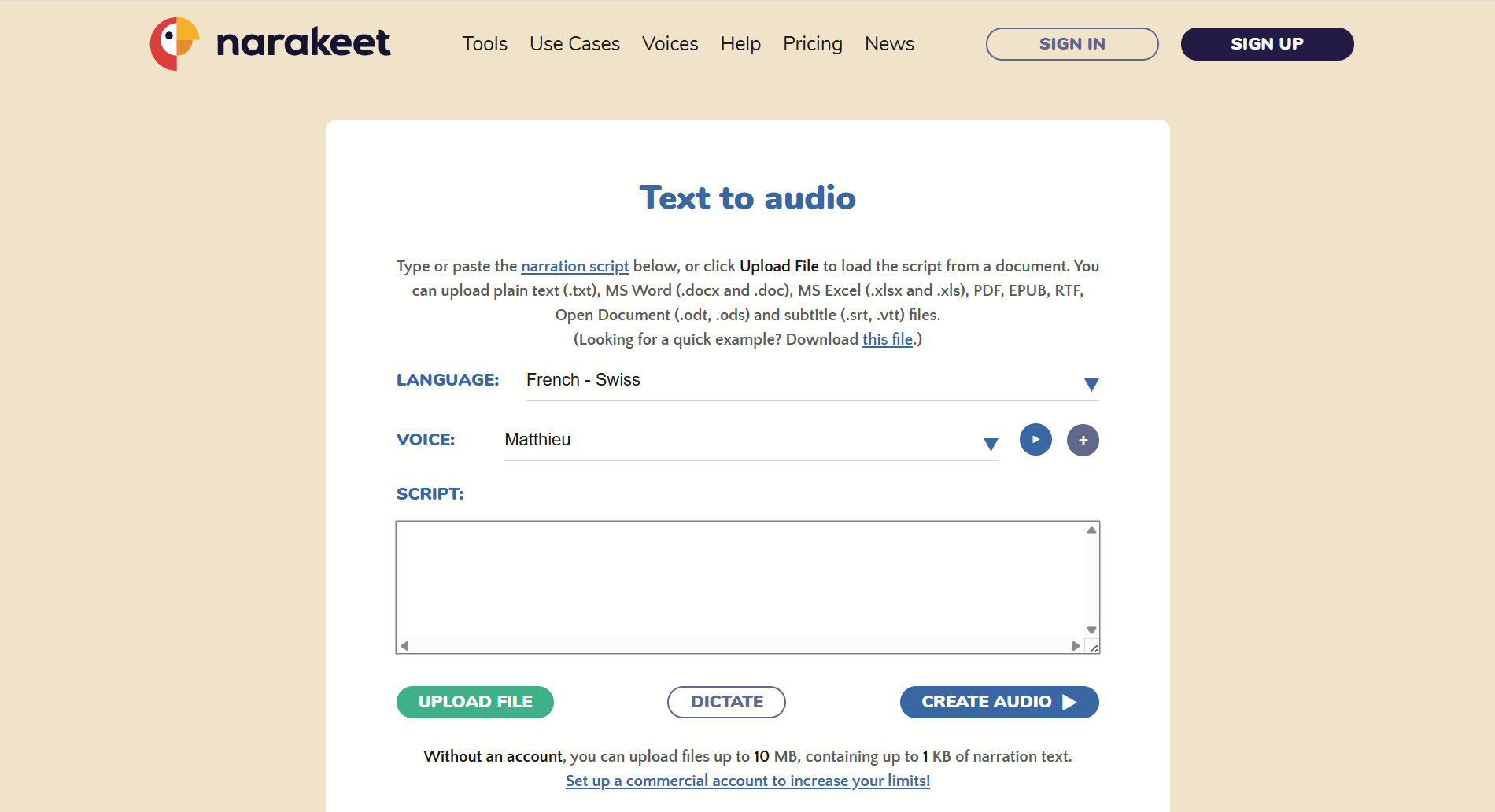 L'interface de Narakeet