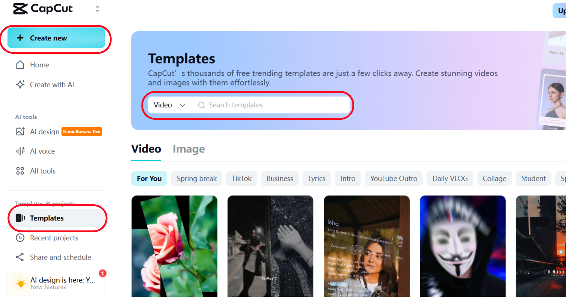 1 minute video template CapCut with options to create and search for templates in various categories.