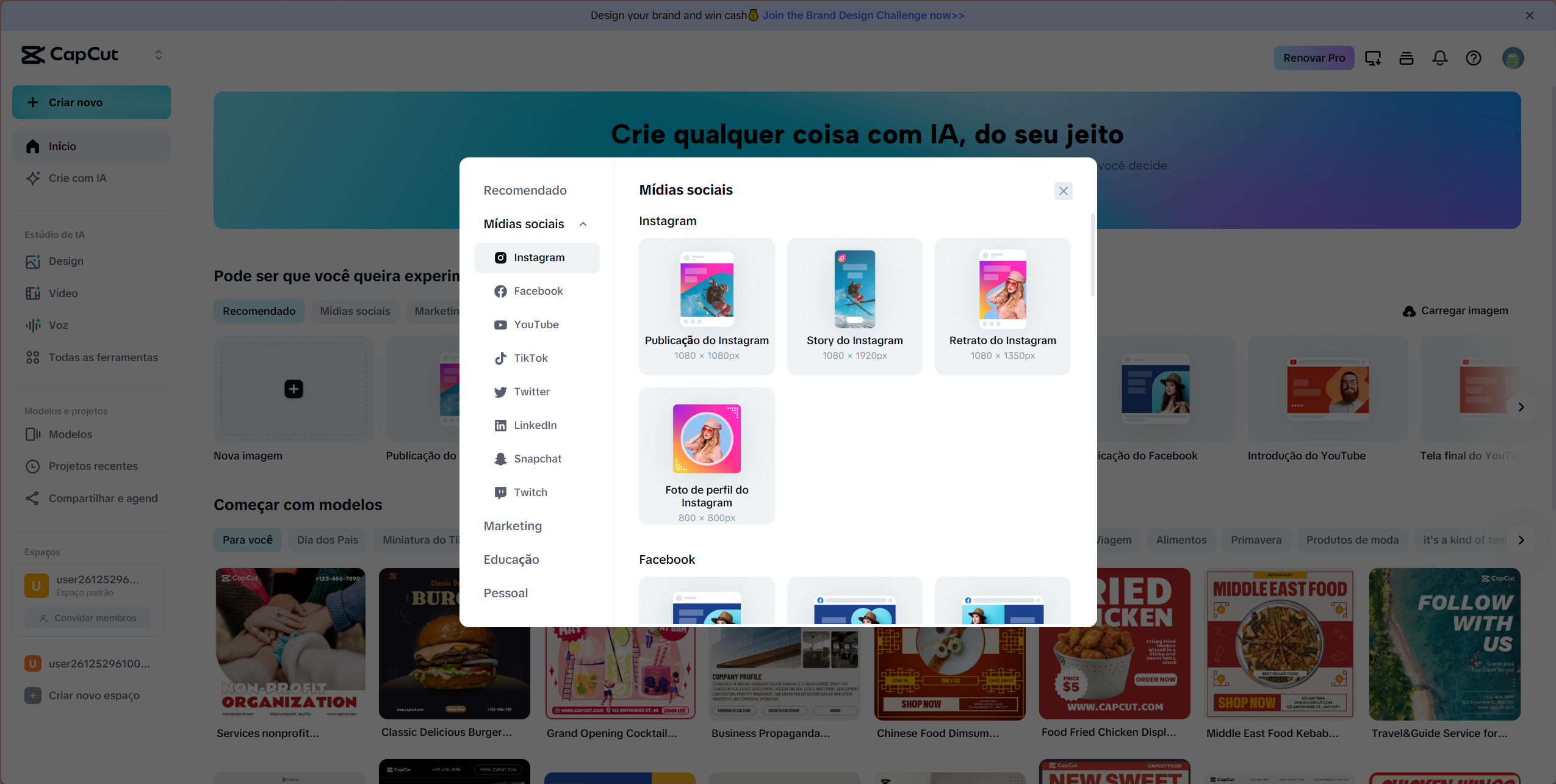 Crie novo e selecione Publicação do Instagram