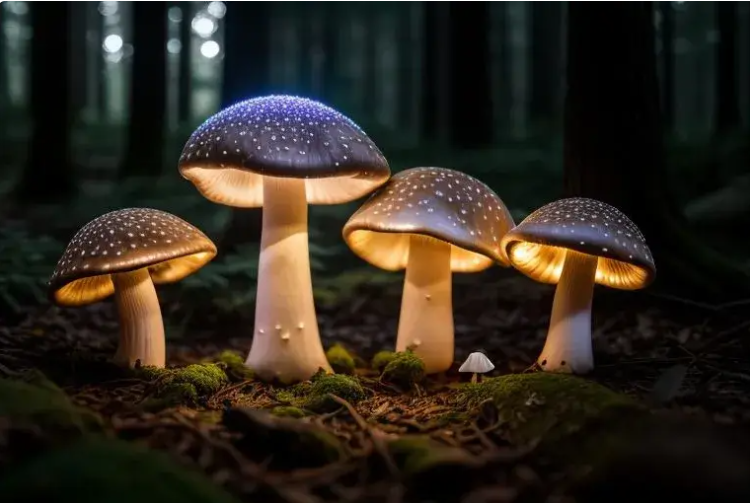 Colorful fantasy mushrooms in a forest setting