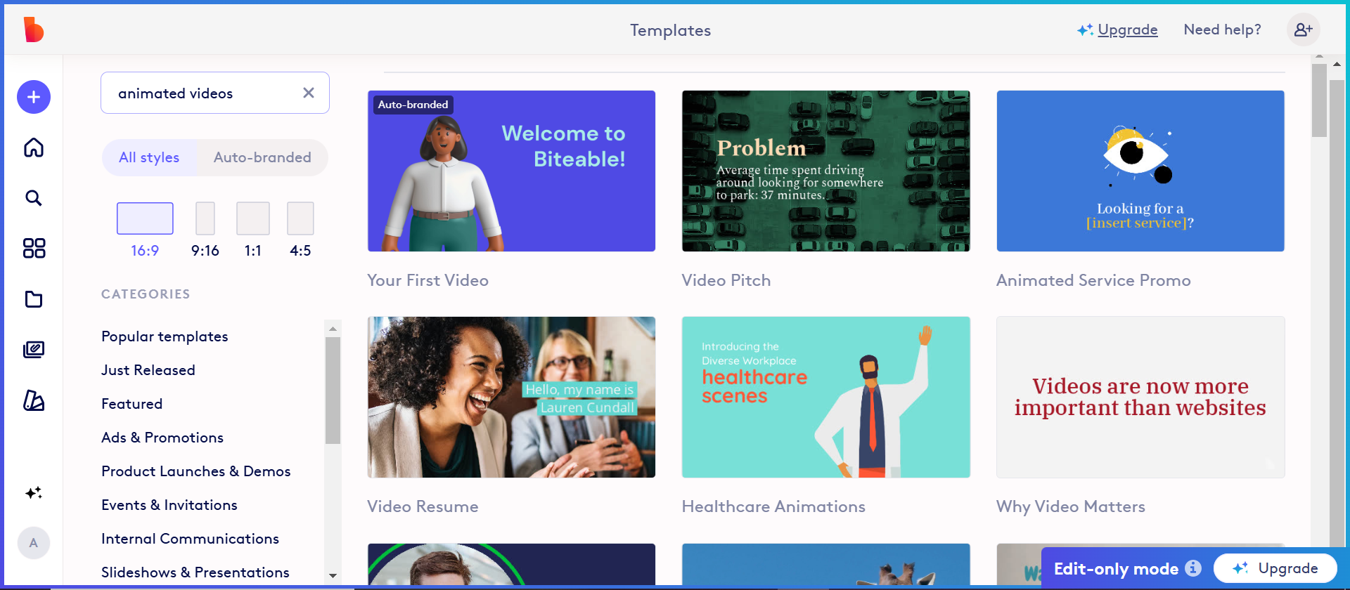 Antarmuka Biteable - salah satu perusahaan produksi video animasi terbaik