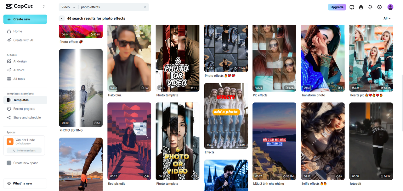 CapCut's photo effect templates (video-centric)