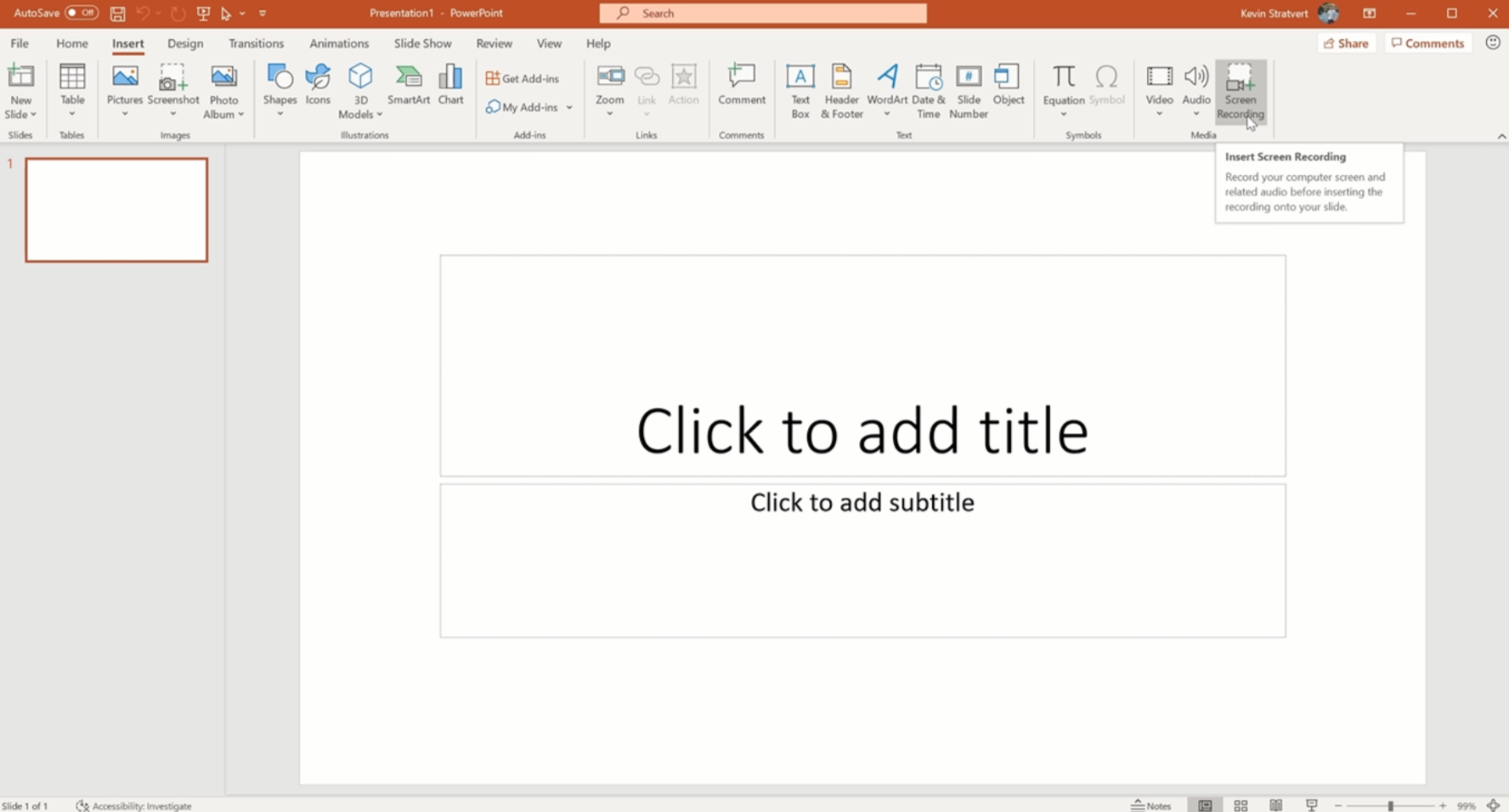 Accessing the screen recording tool in PowerPoint