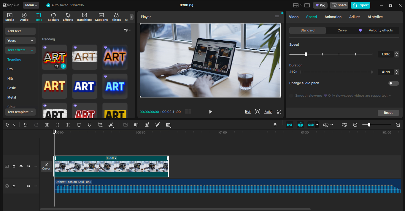 A CapCut asztali videószerkesztő interfésze