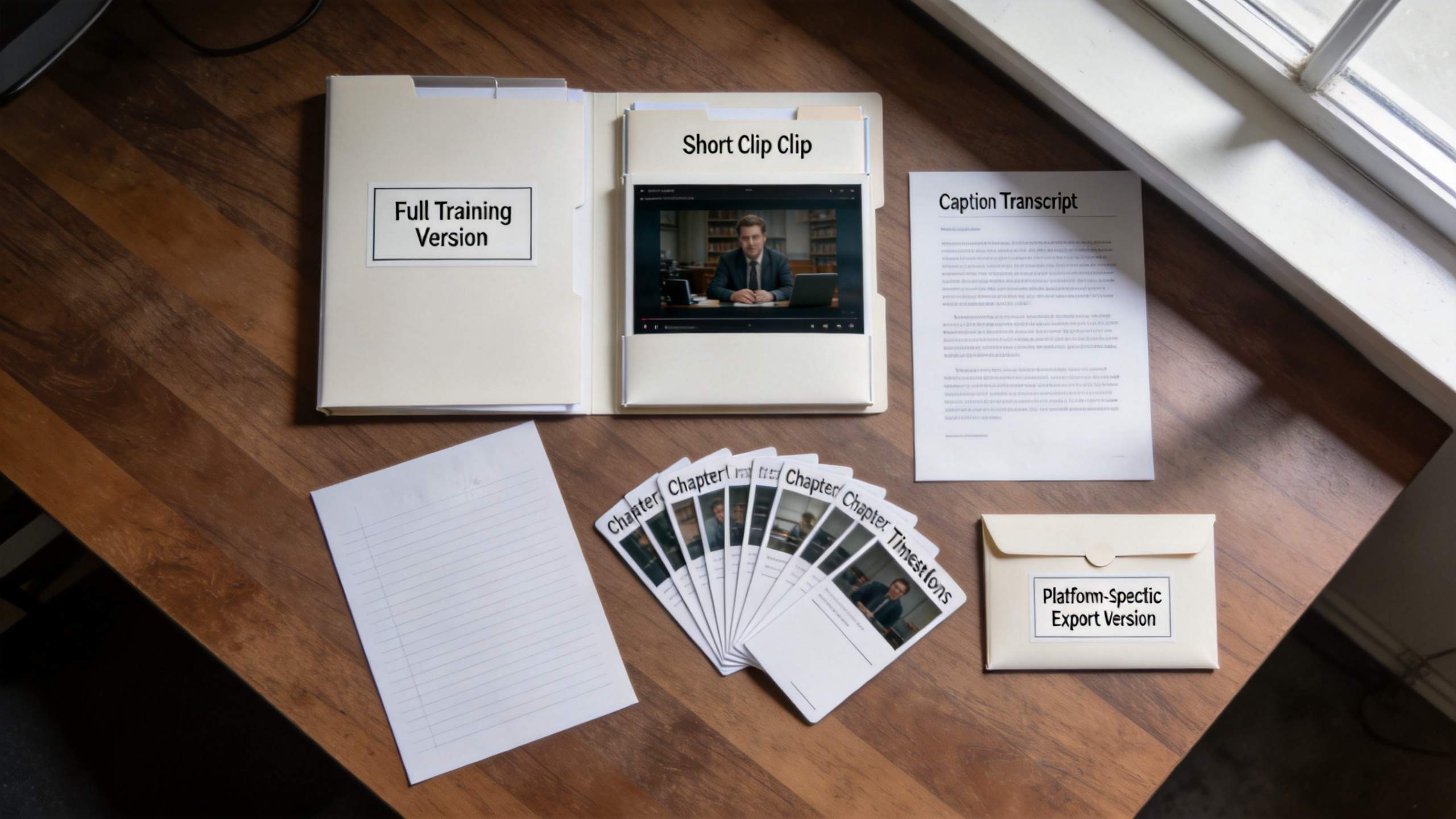 Webinar recording assets organized into full training, short clip, transcript, chapters, and export versions