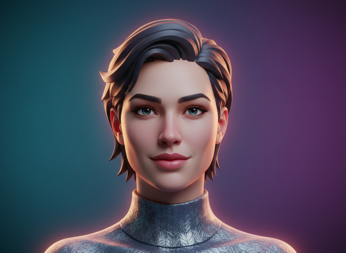 Realistic AI avatar for social media with a smooth teal‑purple gradient background, crisp facial details, and clean composition from a JPG photo.