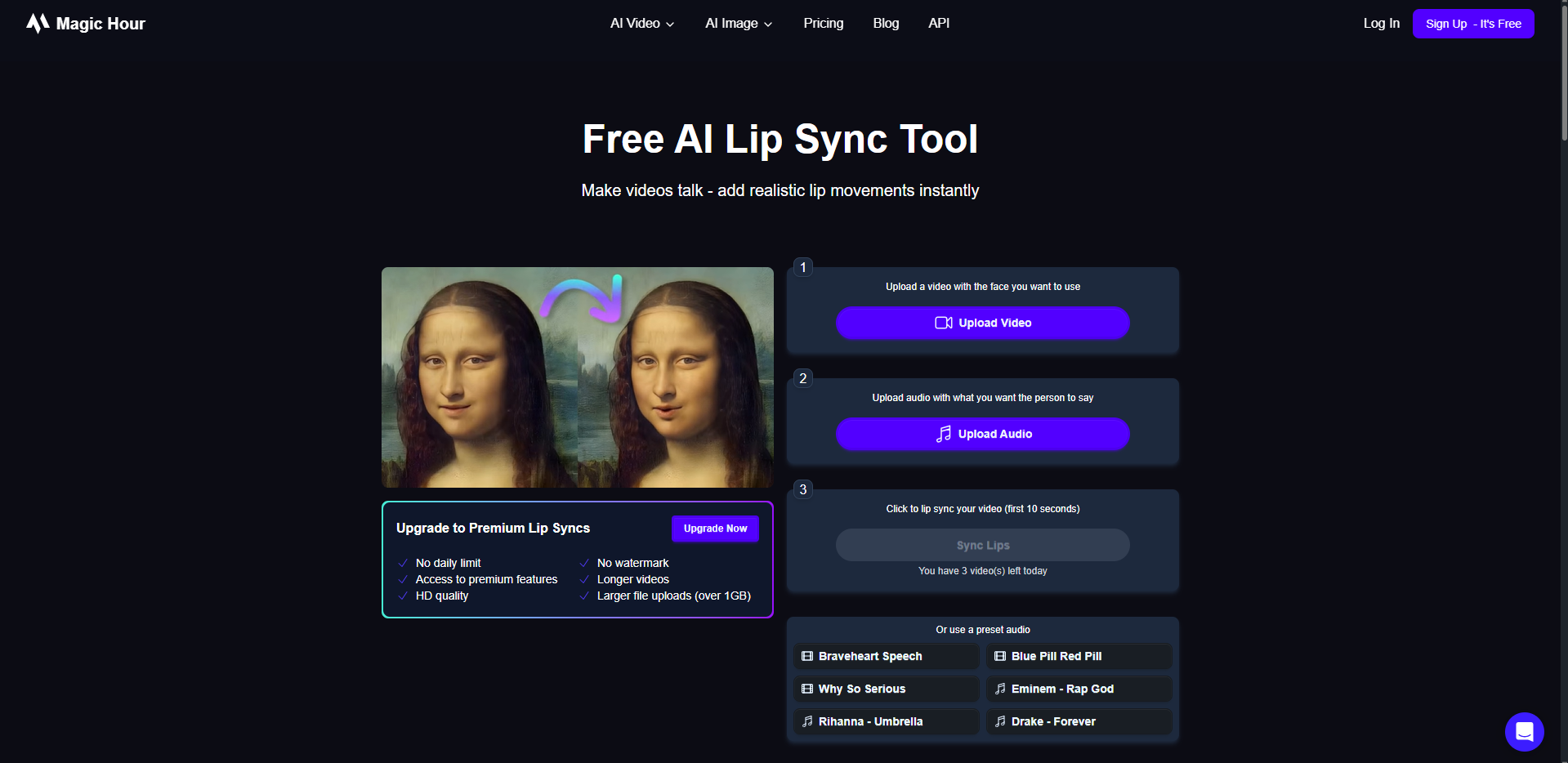Interface of Magic Hour - a perfect lip sync video generator
