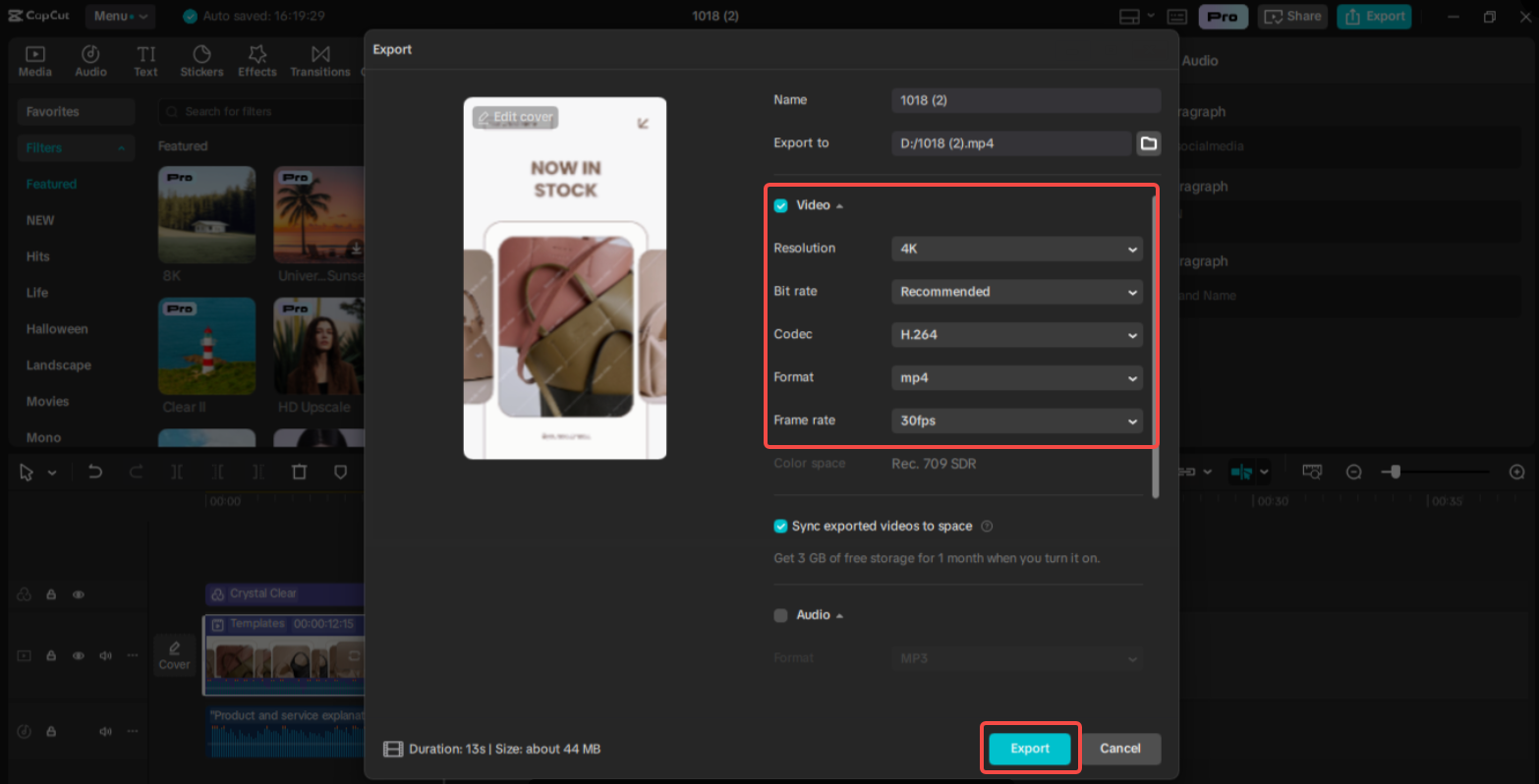 Exporting the carousel template in CapCut