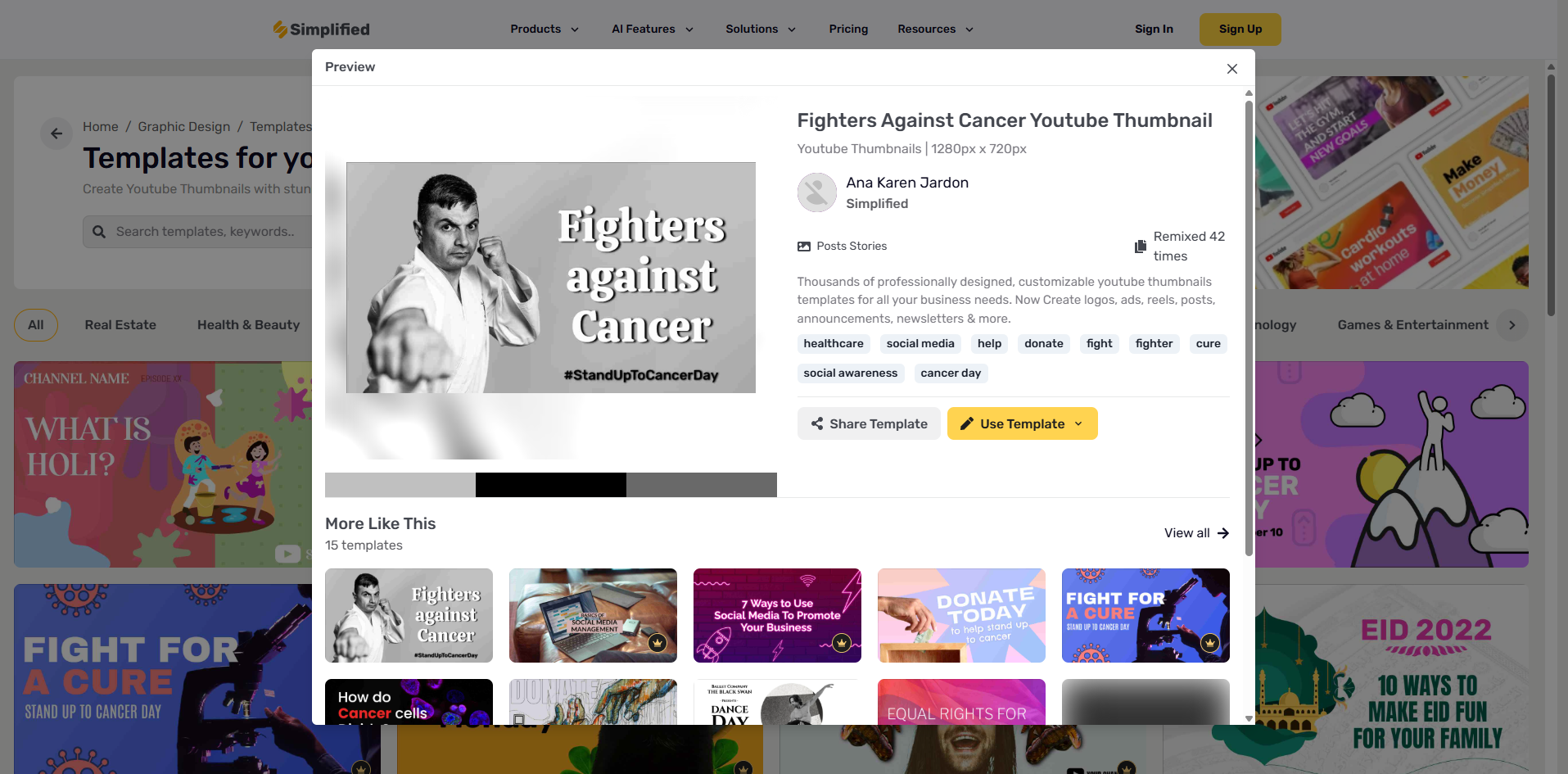 Interface of Simplified - another free AI YouTube thumbnail creator