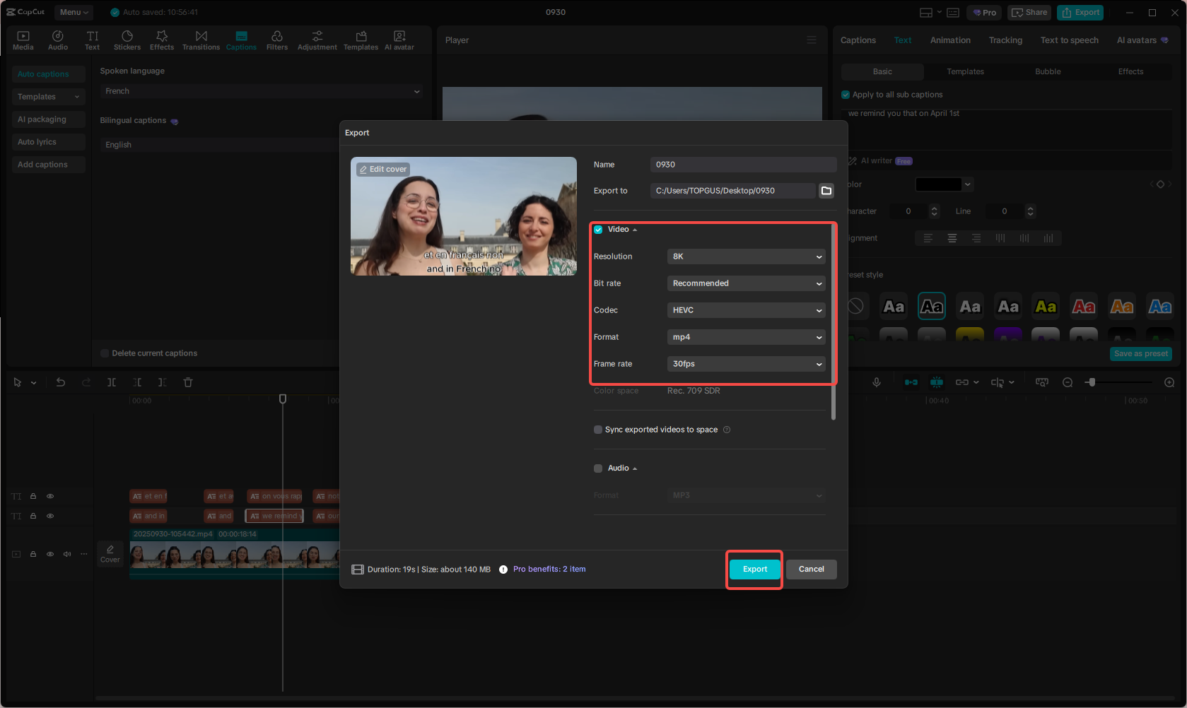 Export and share the translated video